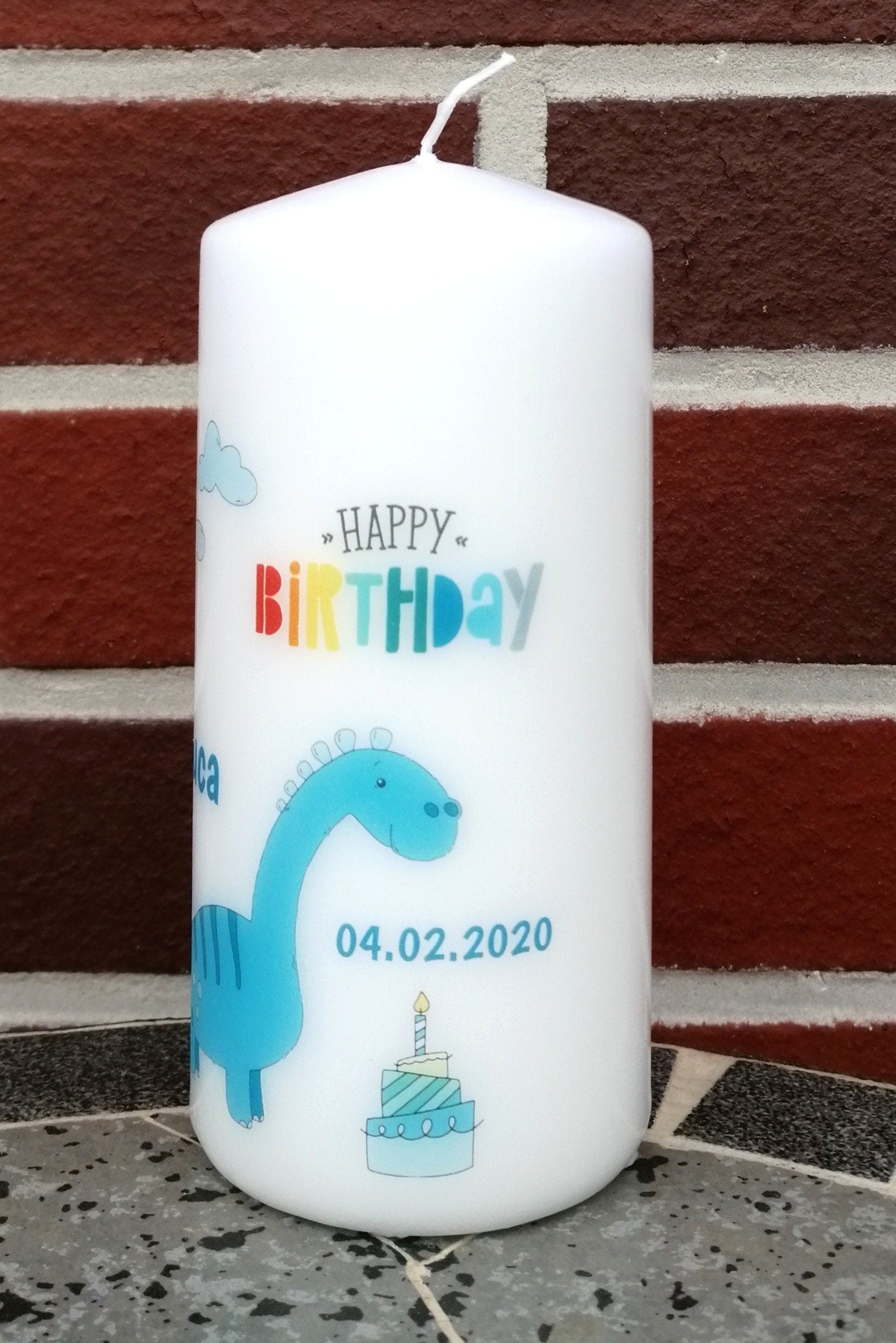Geburtstagskerze/ Geburtskerze personalisiert mit Namen und Geburtsdatum "Dino" / Geburt/ Taufe/ Geburtstag