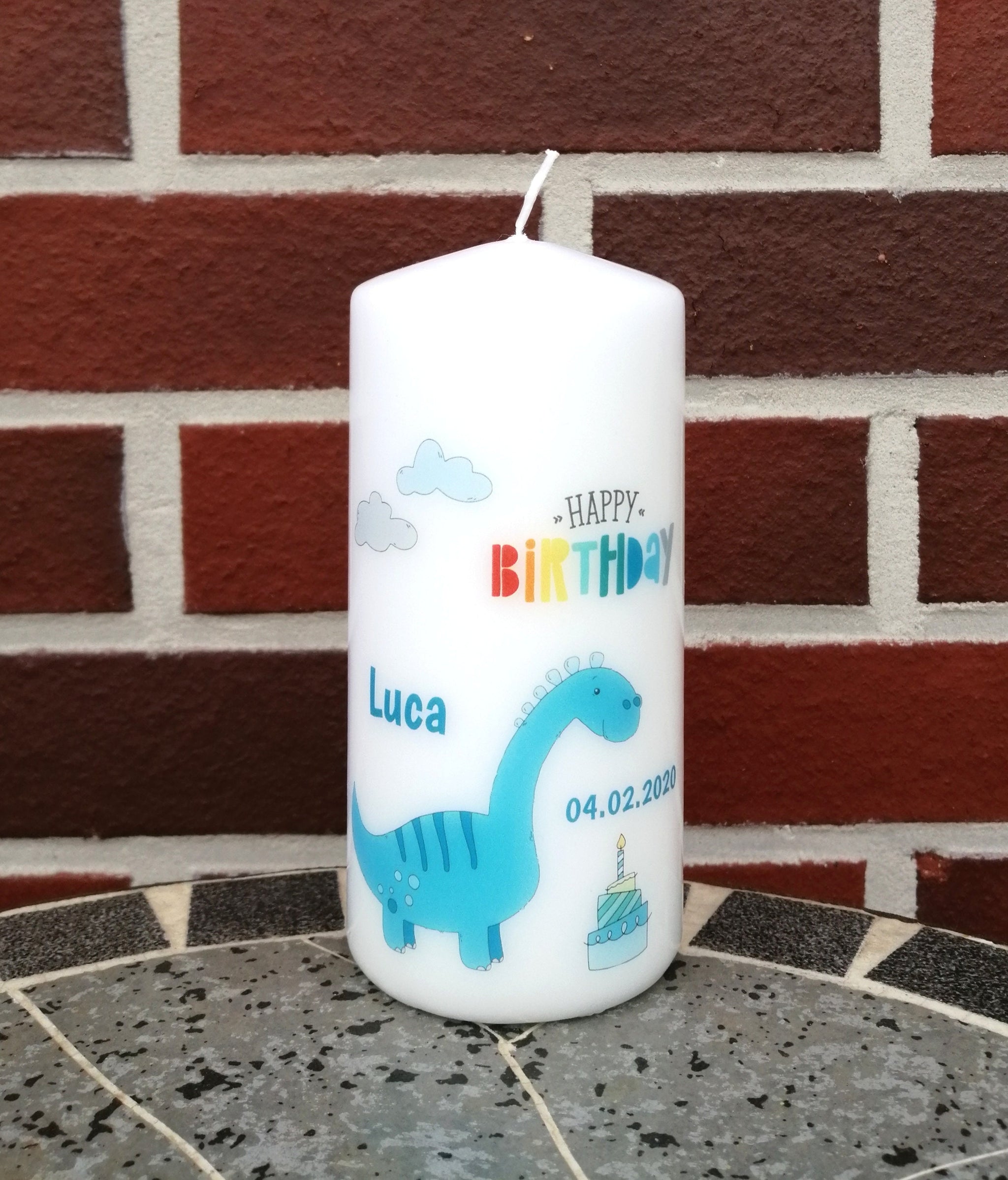 Geburtstagskerze/ Geburtskerze personalisiert mit Namen und Geburtsdatum "Dino" / Geburt/ Taufe/ Geburtstag