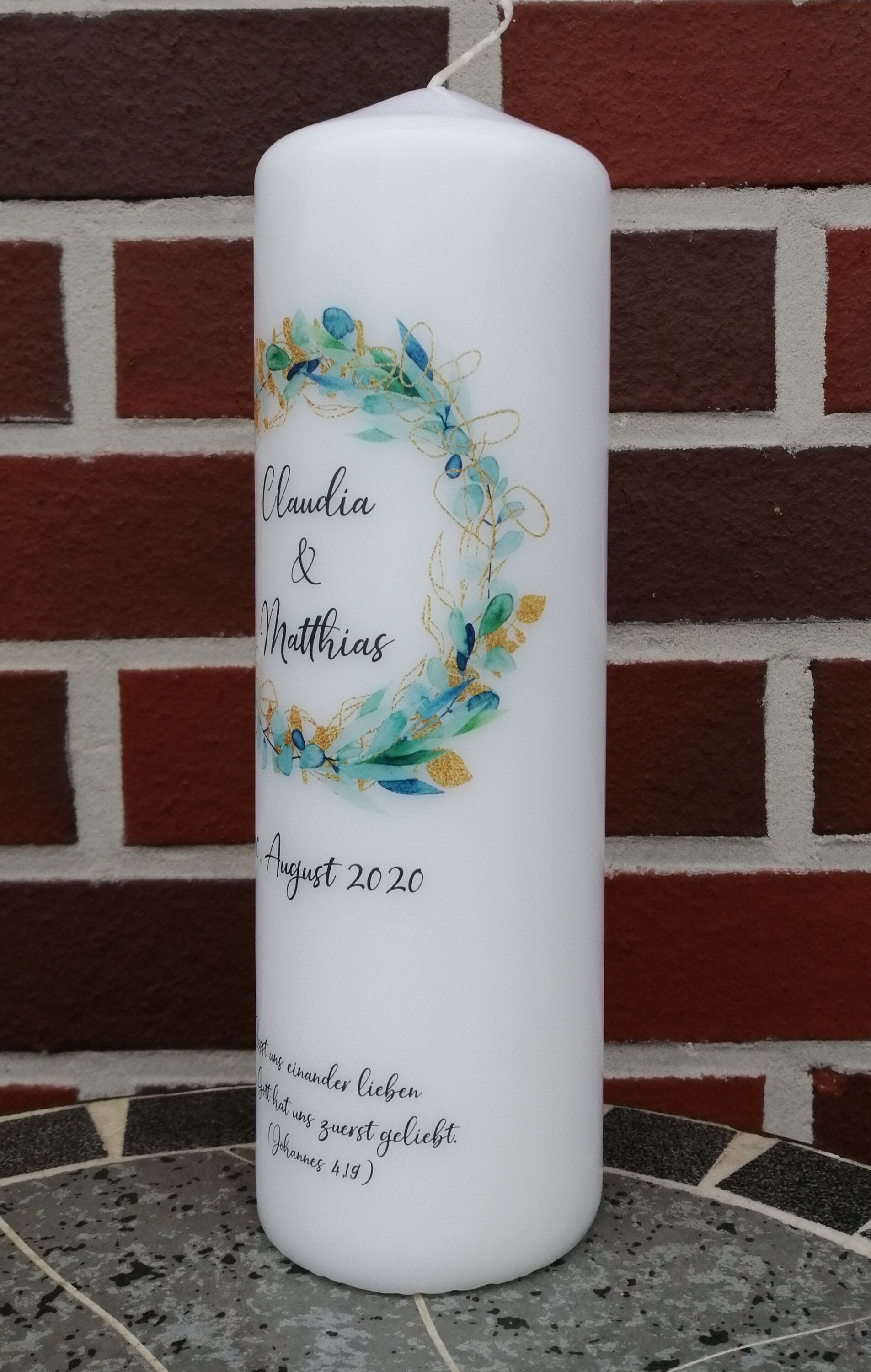 Hochzeitskerze personalisiert mit Namen und Trauspruch "Rahmen Eukalyptus" / Hochzeit/ Familie/ Trauung/ Hochzeitsgeschenk/ Traukerze
