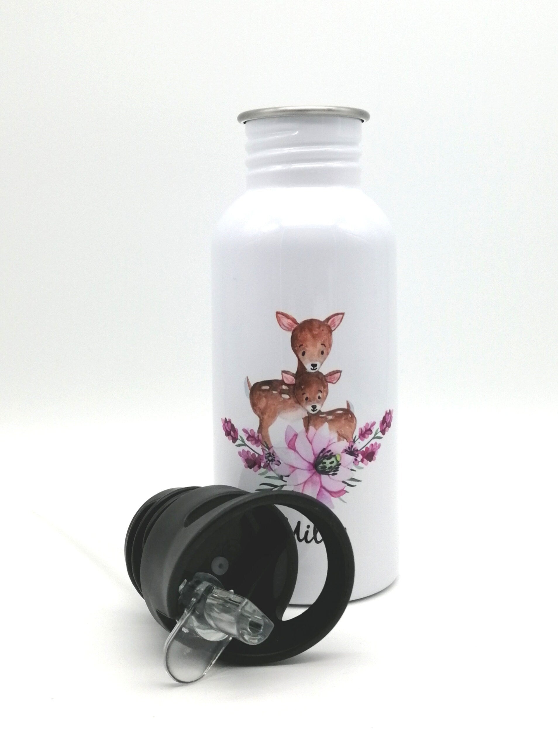 Trinkflasche mit Namen "Rehe"/ Kindergarten/ Schule/ Sport/ 500ml mit Strohhalm