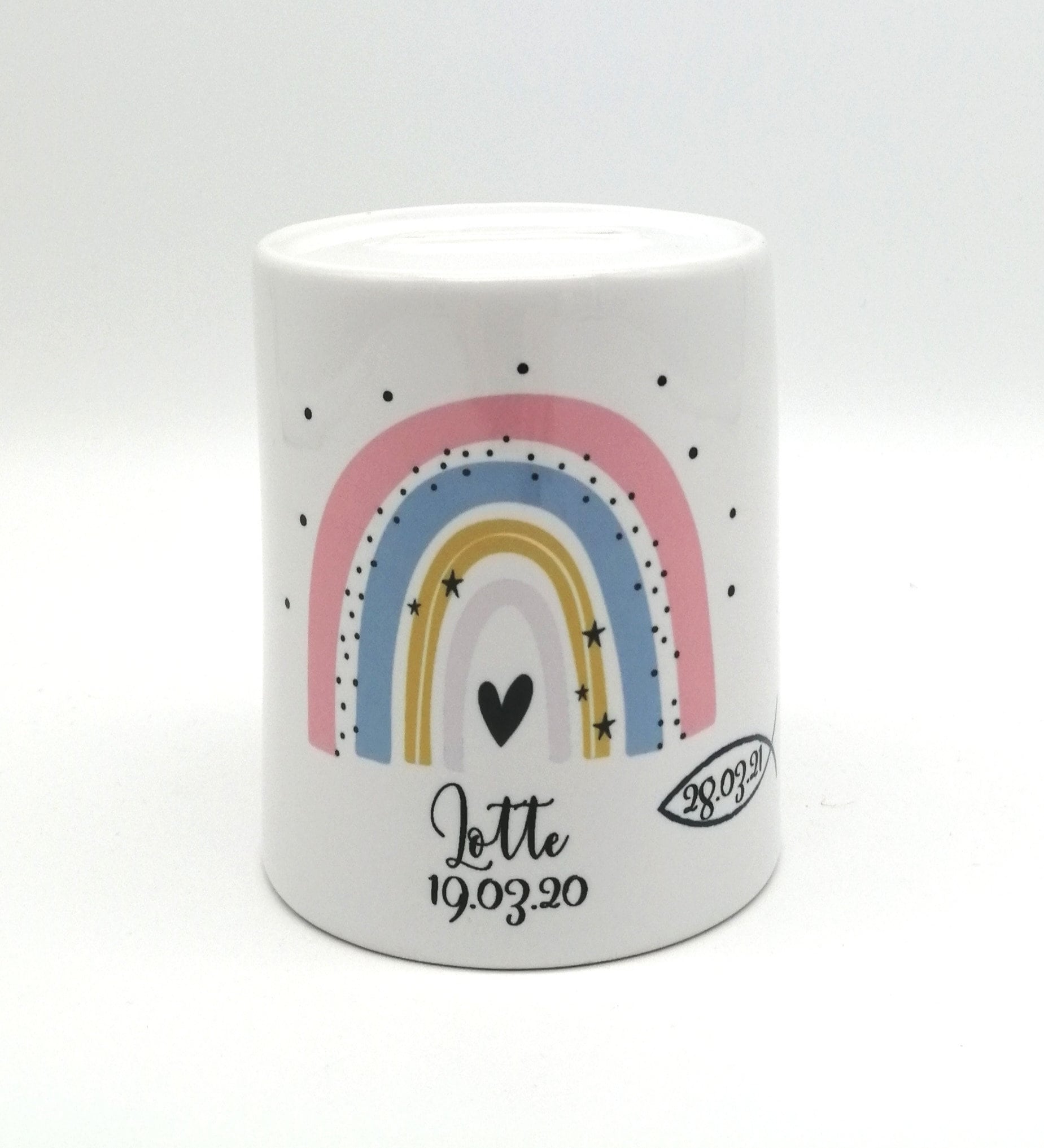 Spardose "Regenbogen pfirsich/Fisch personalisiert mit Namen/ Taufe/ Taufgeschenk
