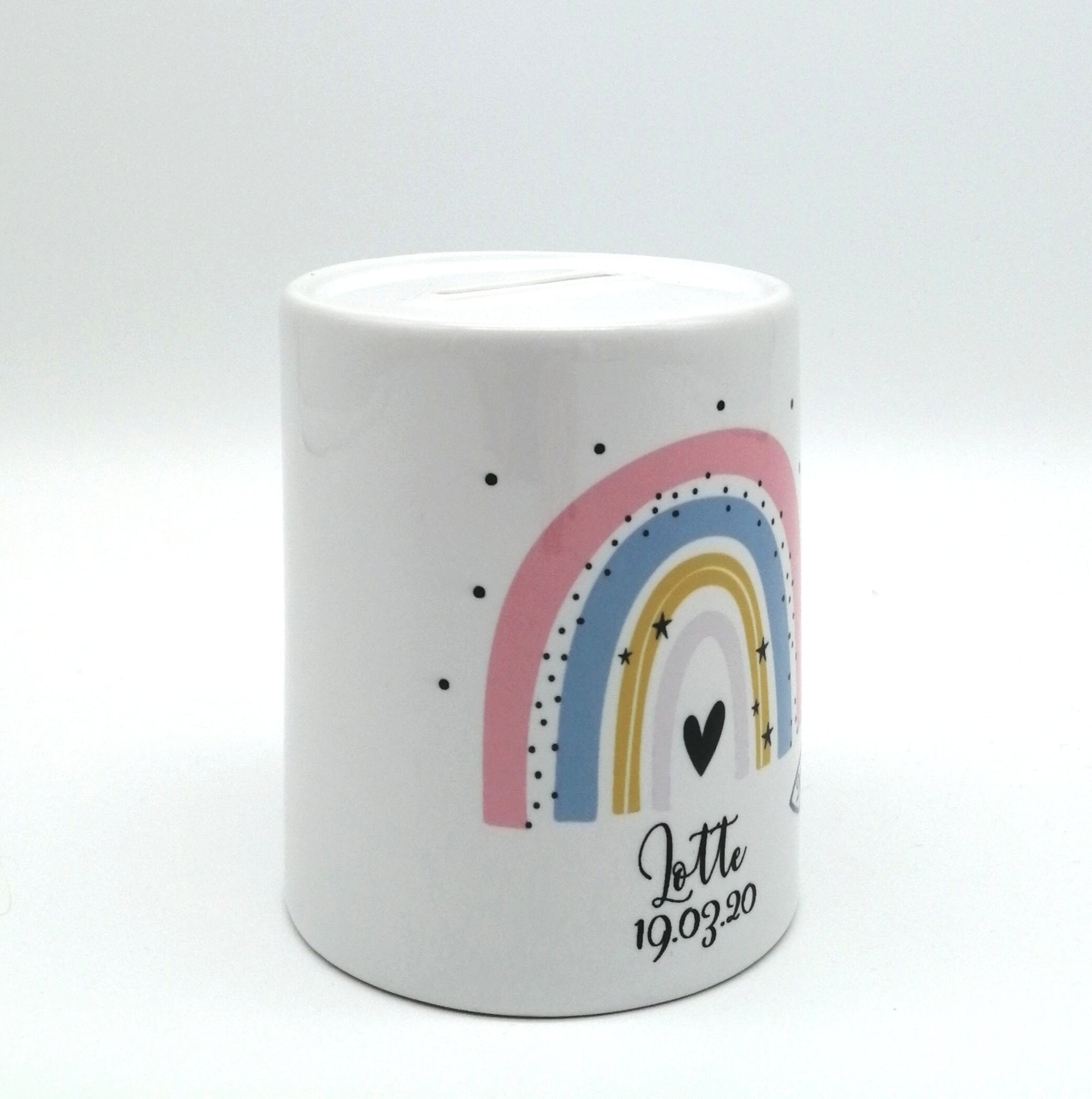 Spardose "Regenbogen pfirsich/Fisch personalisiert mit Namen/ Taufe/ Taufgeschenk