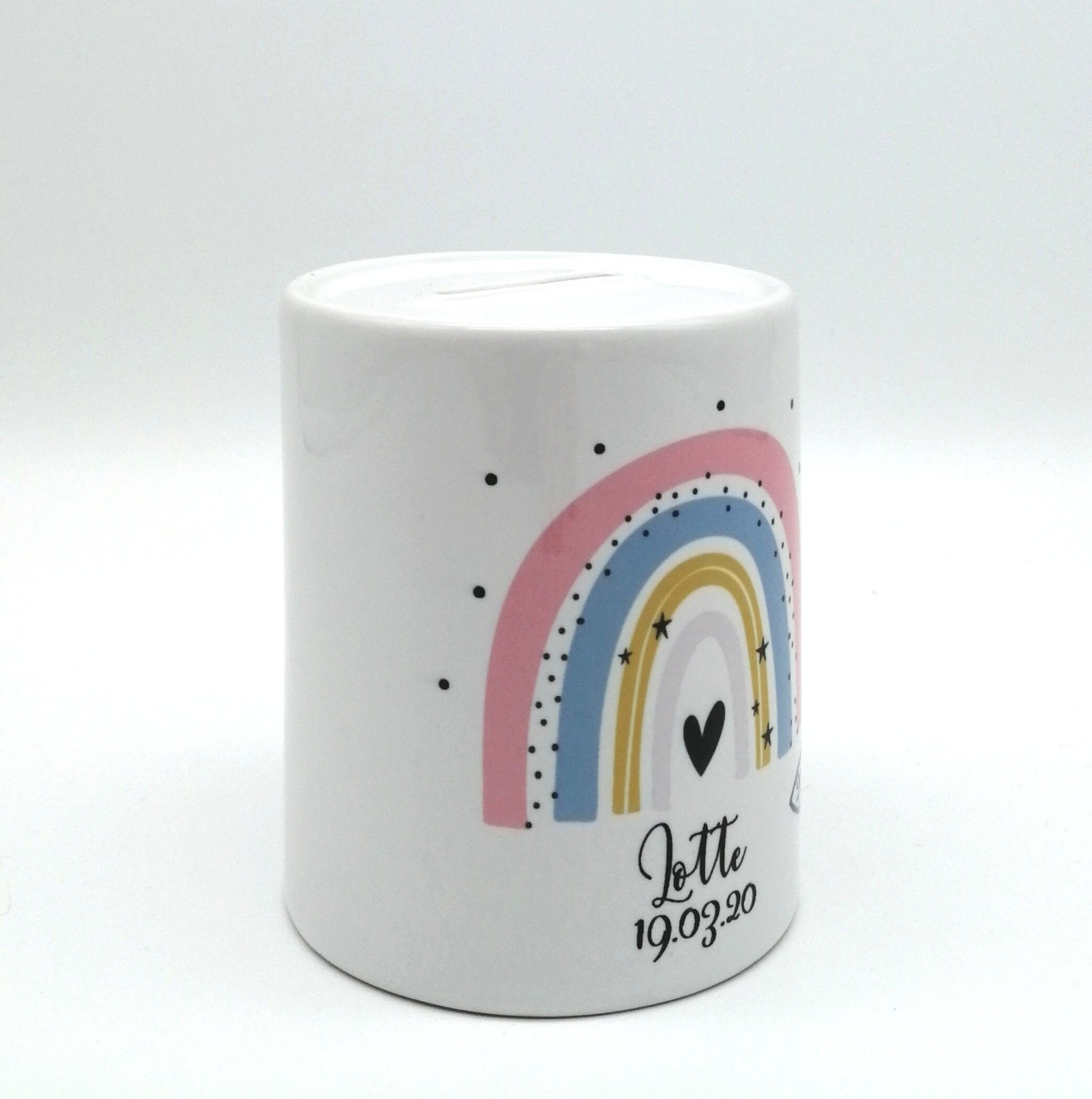 Spardose "Regenbogen pfirsich/Fisch personalisiert mit Namen/ Taufe/ Taufgeschenk
