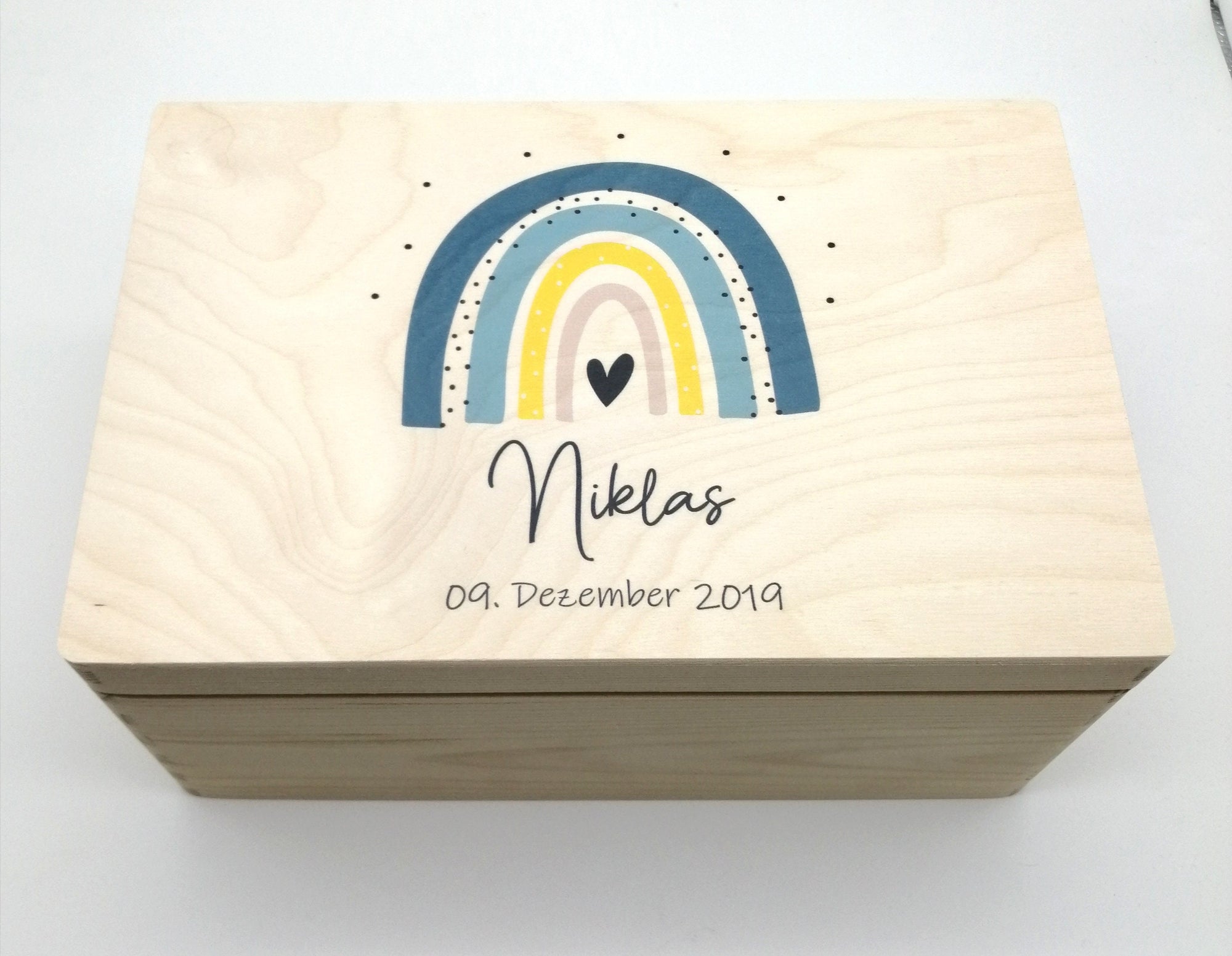 Erinnerungskiste Baby mit Namen "Regenbogen blau" Geburtsdatum Erinnerungsbox für Kinder, Taufgeschenk Erinnerungen, Geschenkidee zur Geburt