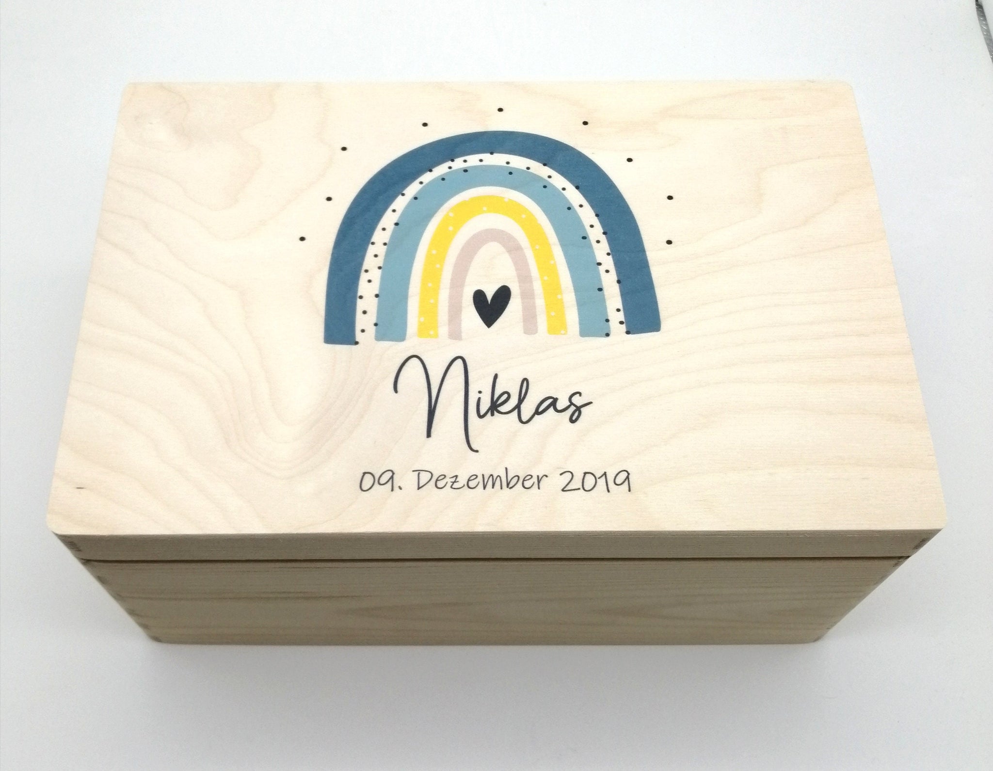 Erinnerungskiste Baby mit Namen "Regenbogen blau" Geburtsdatum Erinnerungsbox für Kinder, Taufgeschenk Erinnerungen, Geschenkidee zur Geburt