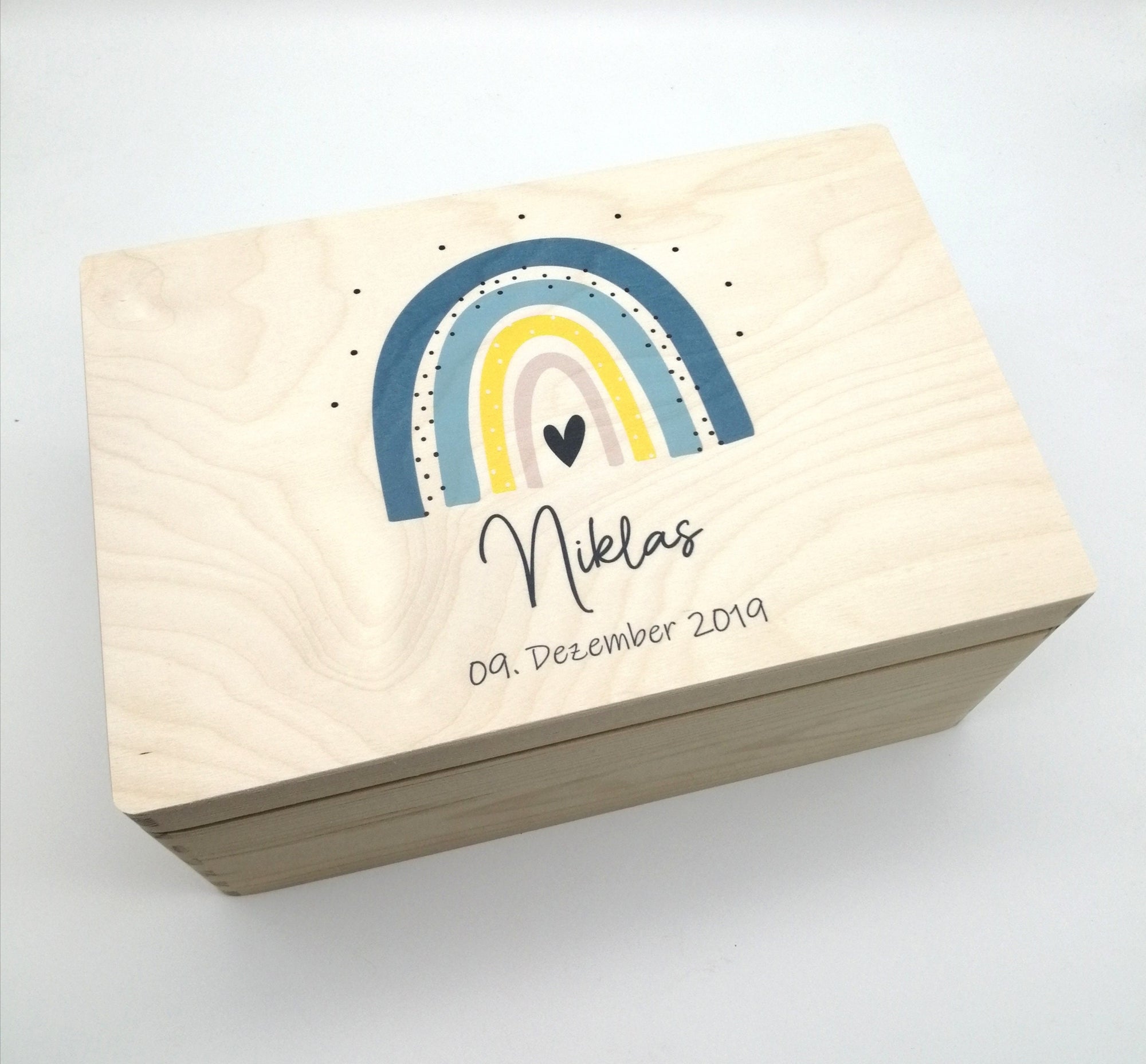 Erinnerungskiste Baby mit Namen "Regenbogen blau" Geburtsdatum Erinnerungsbox für Kinder, Taufgeschenk Erinnerungen, Geschenkidee zur Geburt