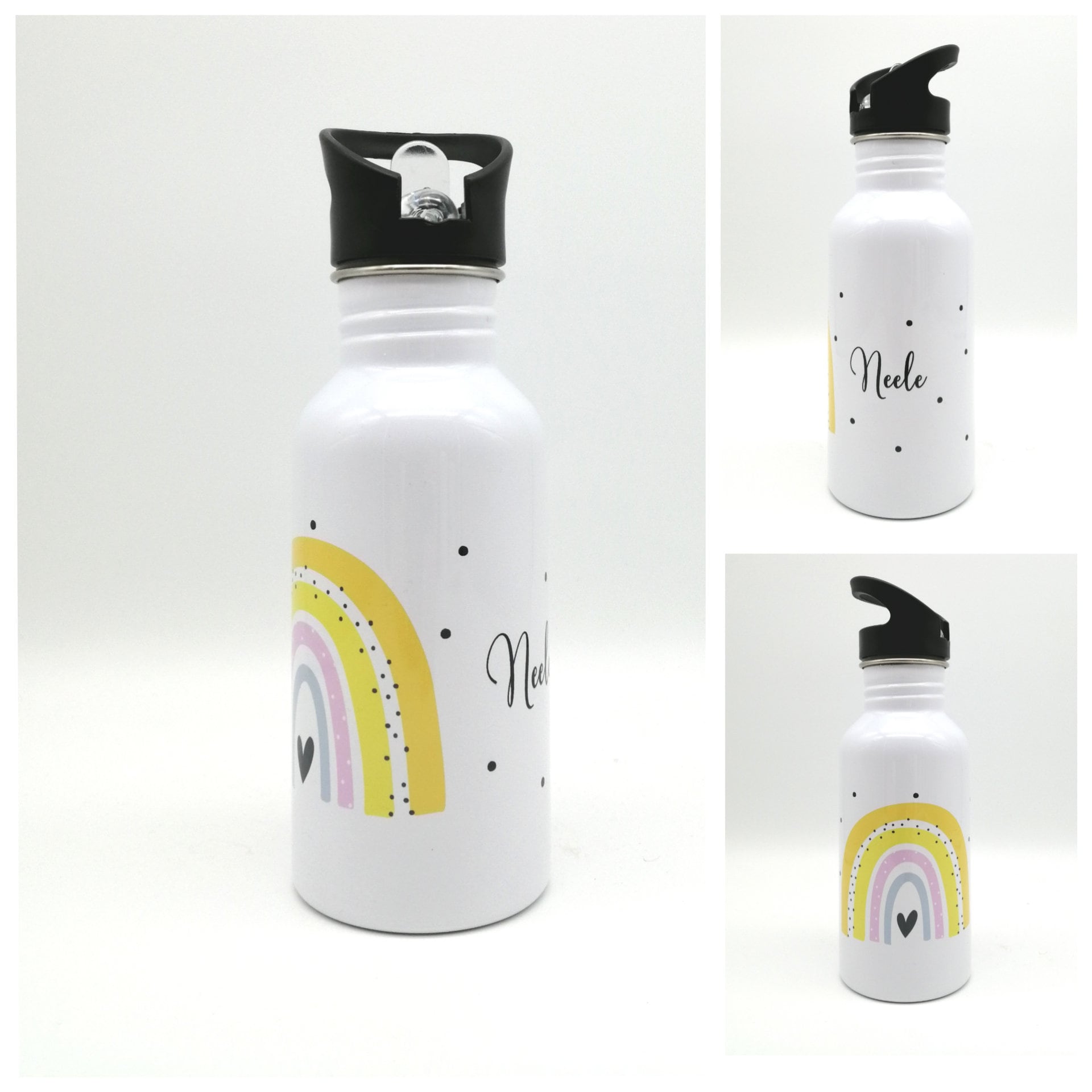 Trinkflasche mit Namen "Regenbogen gelb"/ Kindergarten/ Schule/ Sport/ 500ml mit Strohhalm