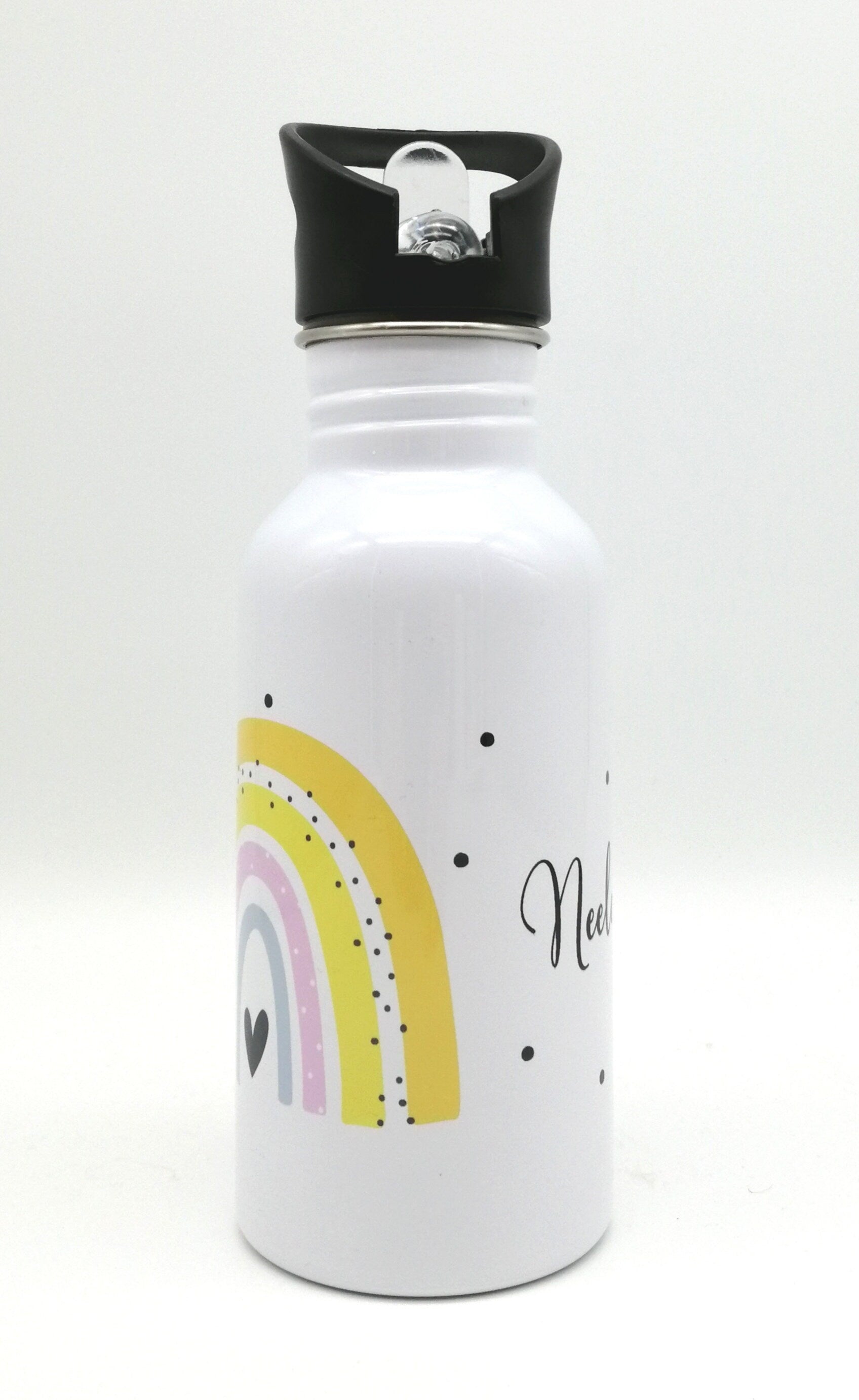 Trinkflasche mit Namen "Regenbogen gelb"/ Kindergarten/ Schule/ Sport/ 500ml mit Strohhalm