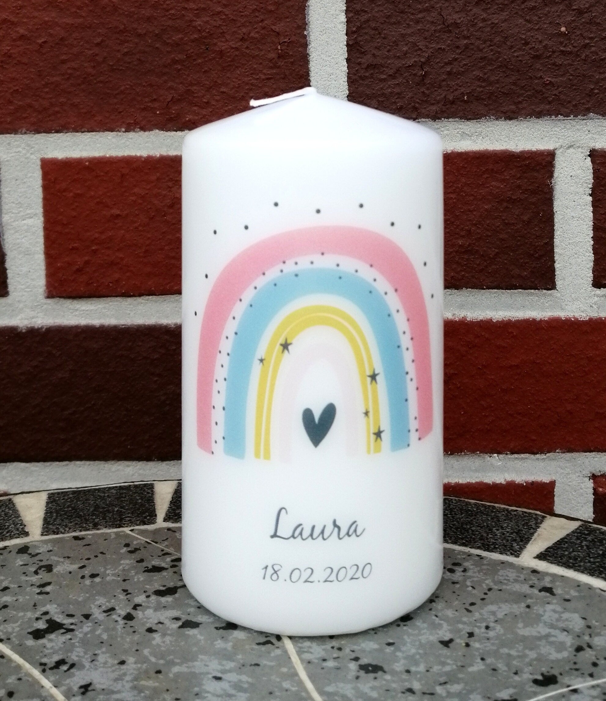 Geburtstagskerze/ Geburtskerze personalisiert mit Namen und Geburtsdatum "Regenbogen pfirsich" / Geburt/ Taufe/ Geburtstag