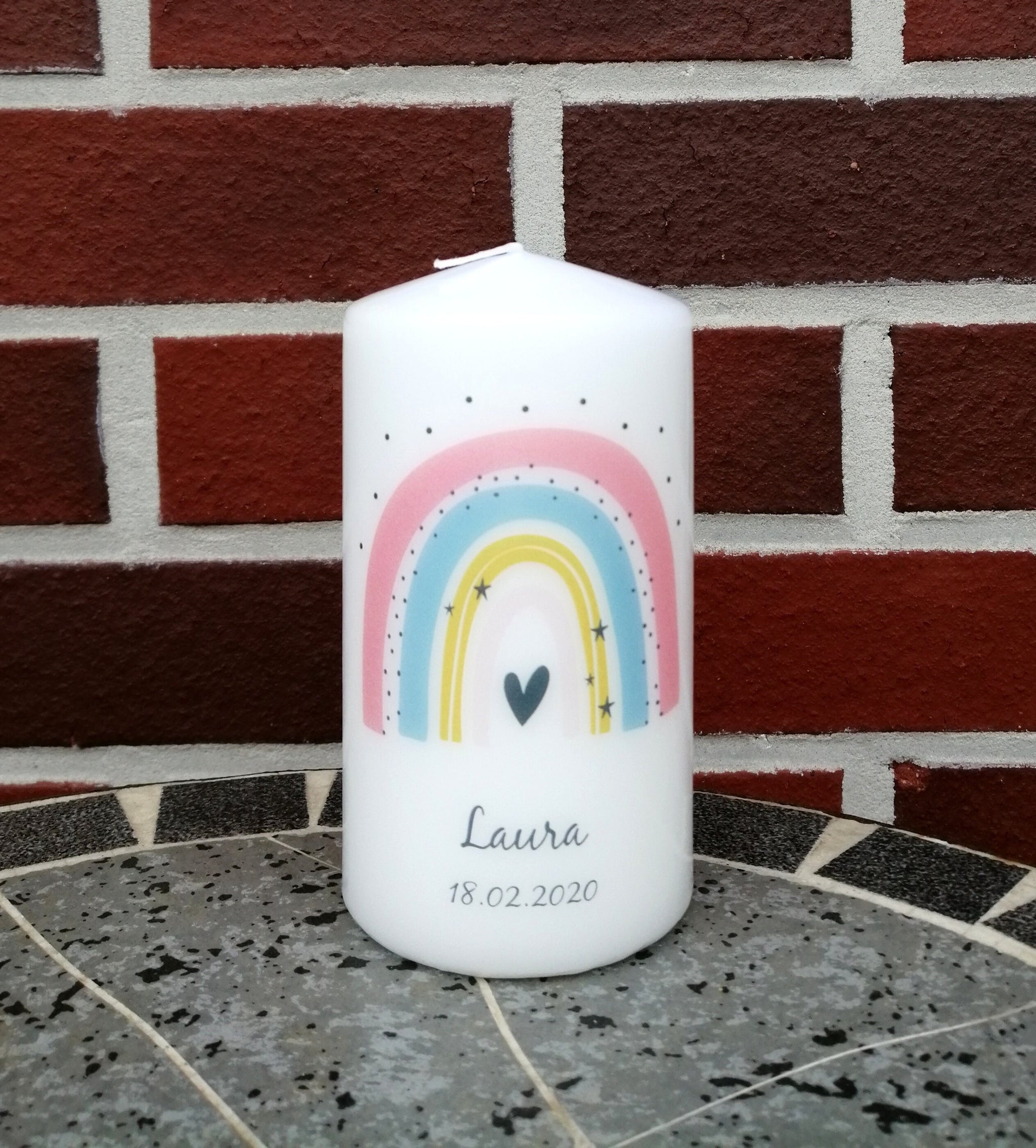 Geburtstagskerze/ Geburtskerze personalisiert mit Namen und Geburtsdatum "Regenbogen pfirsich" / Geburt/ Taufe/ Geburtstag