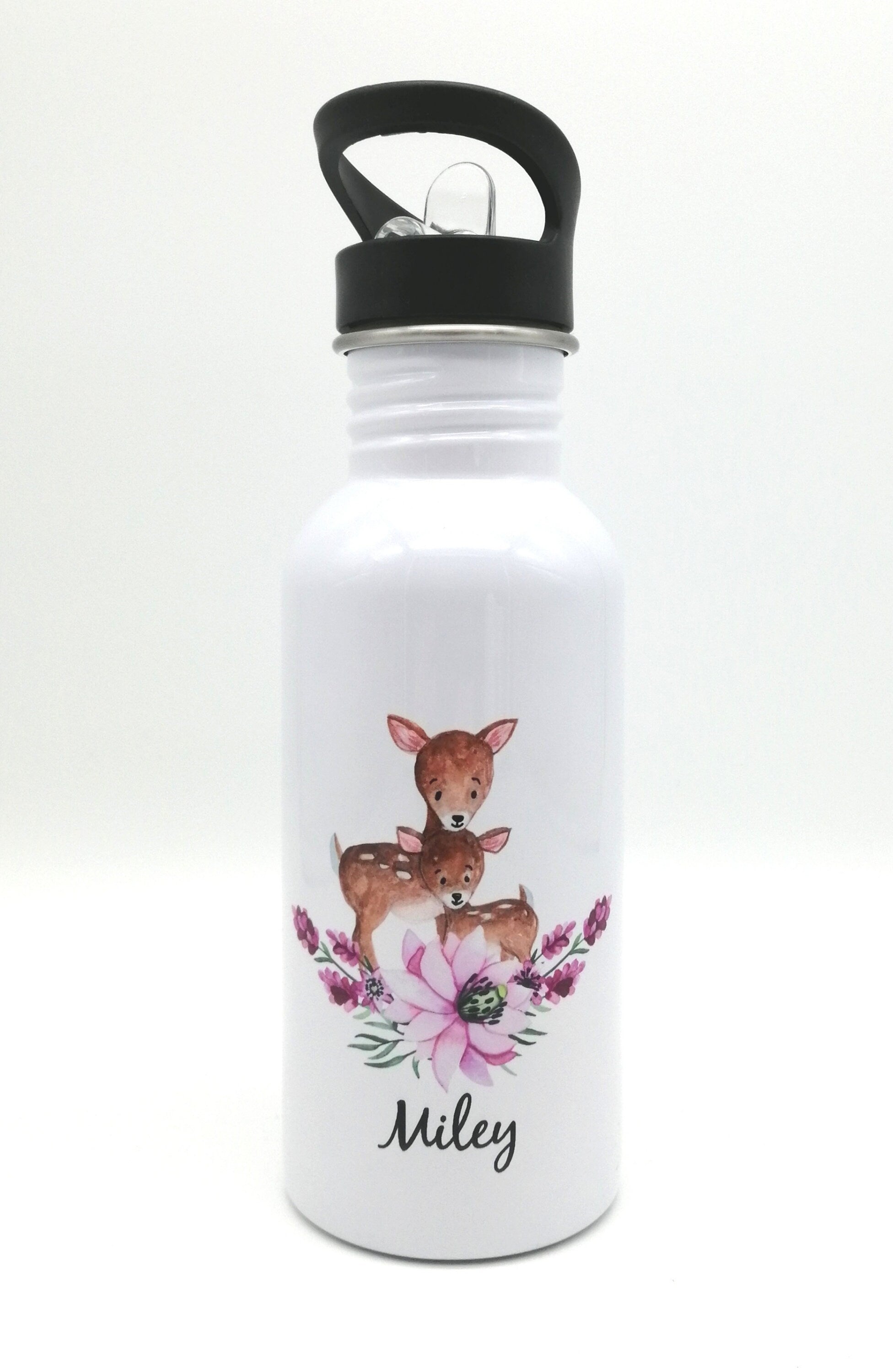 Trinkflasche mit Namen "Rehe"/ Kindergarten/ Schule/ Sport/ 500ml mit Strohhalm