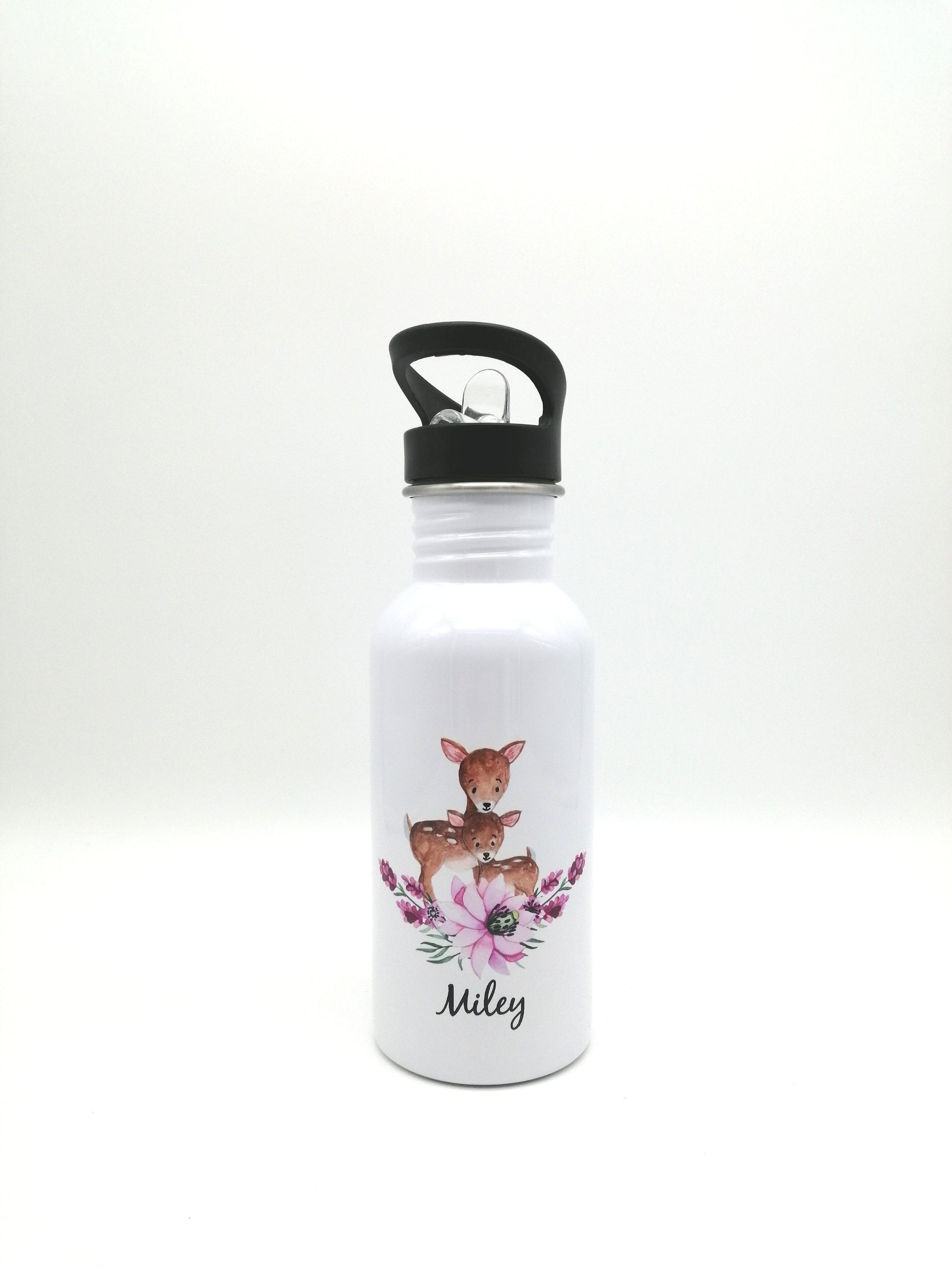 Trinkflasche mit Namen "Rehe"/ Kindergarten/ Schule/ Sport/ 500ml mit Strohhalm