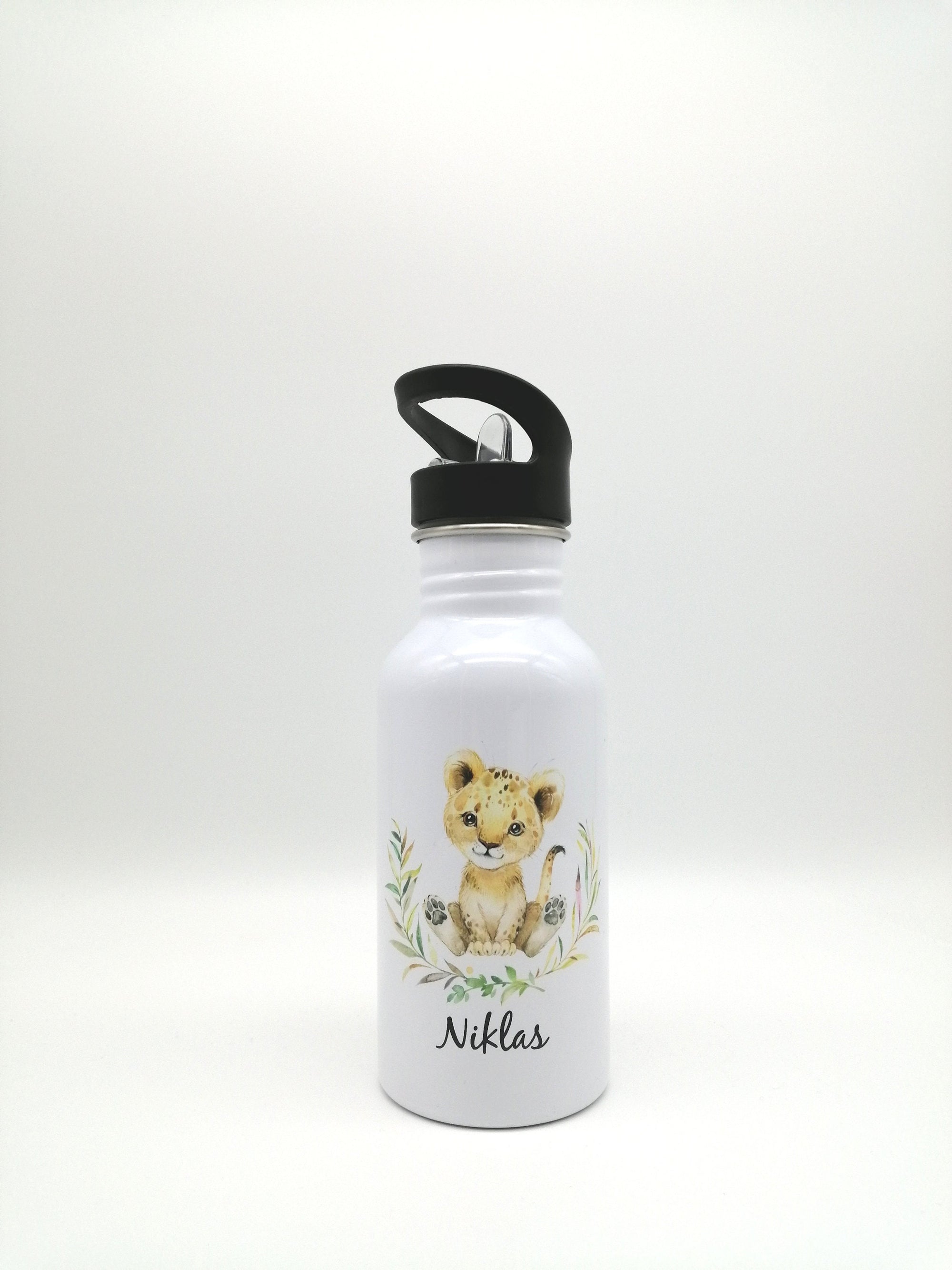 Trinkflasche mit Namen "Löwe"/ Kindergarten/ Schule/ Sport/ 500ml mit Strohhalm