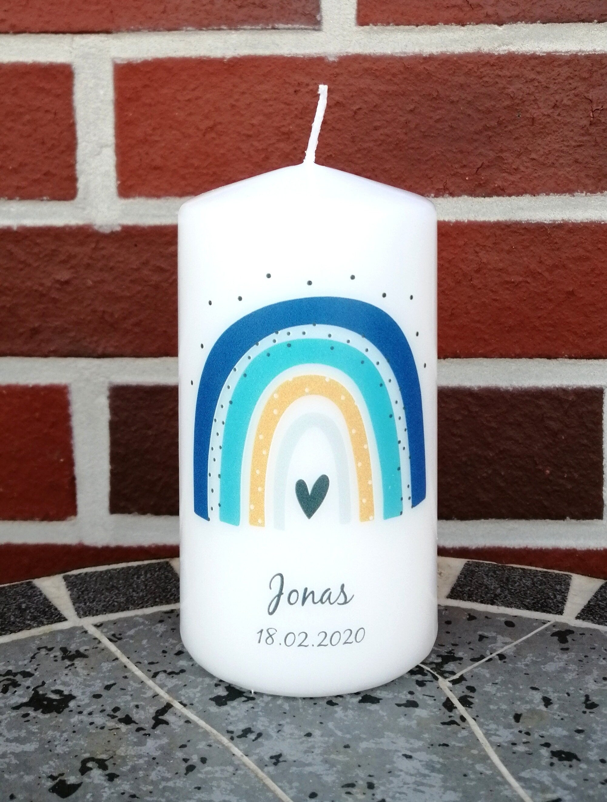 Geburtstagskerze/ Geburtskerze personalisiert mit Namen und Geburtsdatum " Regenbogen blau/mint" / Geburt/ Taufe/ Geburtstag