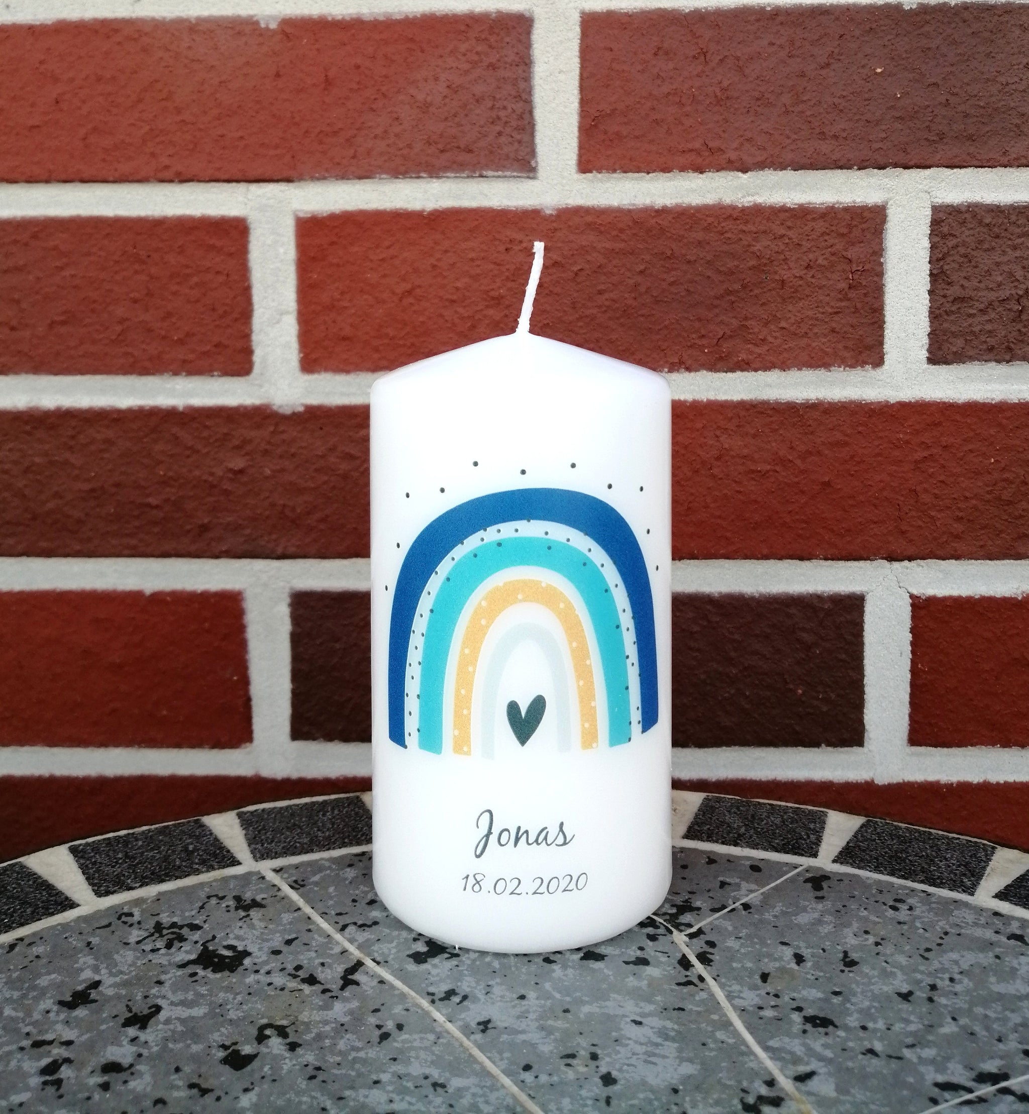 Geburtstagskerze/ Geburtskerze personalisiert mit Namen und Geburtsdatum " Regenbogen blau/mint" / Geburt/ Taufe/ Geburtstag