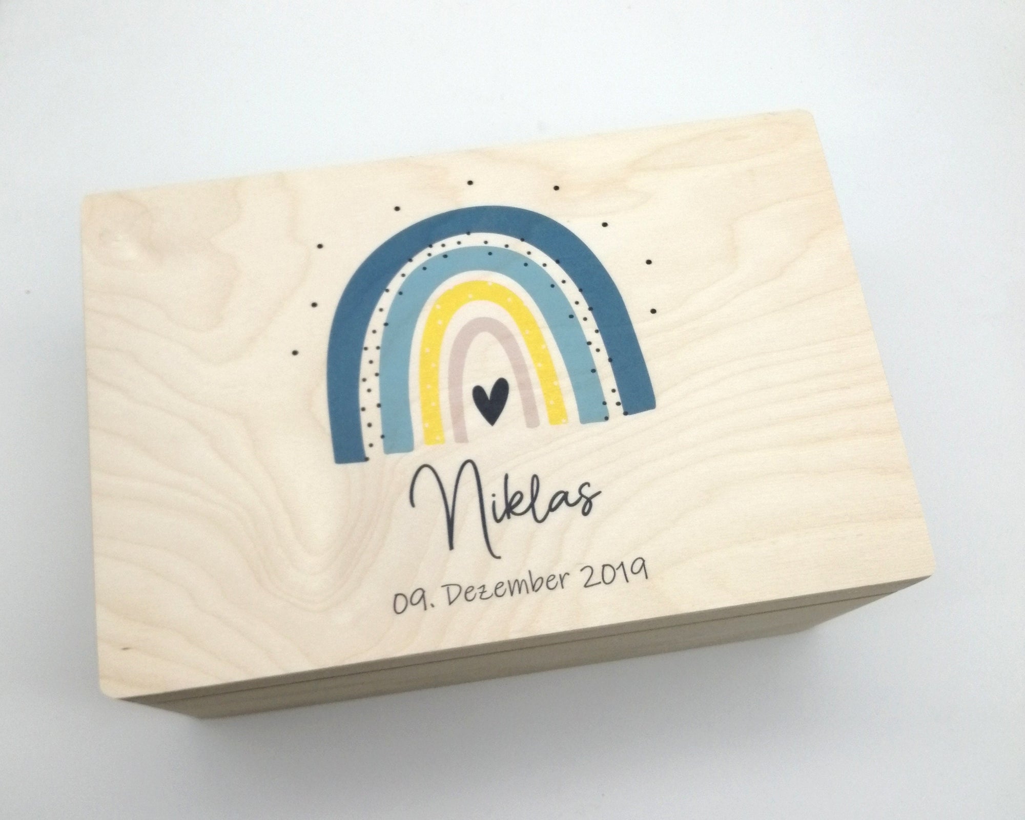 Erinnerungskiste Baby mit Namen "Regenbogen blau" Geburtsdatum Erinnerungsbox für Kinder, Taufgeschenk Erinnerungen, Geschenkidee zur Geburt
