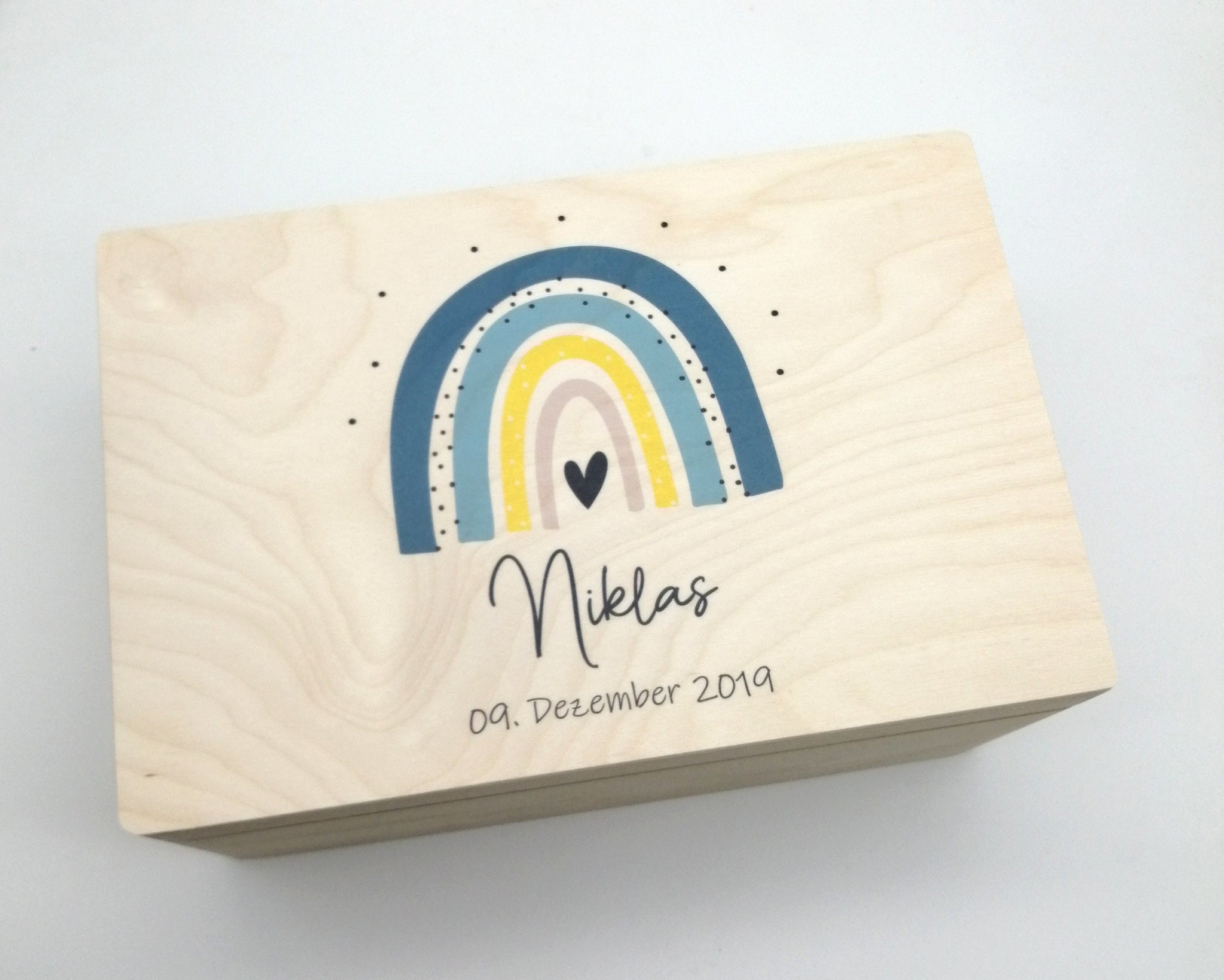 Erinnerungskiste Baby mit Namen "Regenbogen blau" Geburtsdatum Erinnerungsbox für Kinder, Taufgeschenk Erinnerungen, Geschenkidee zur Geburt
