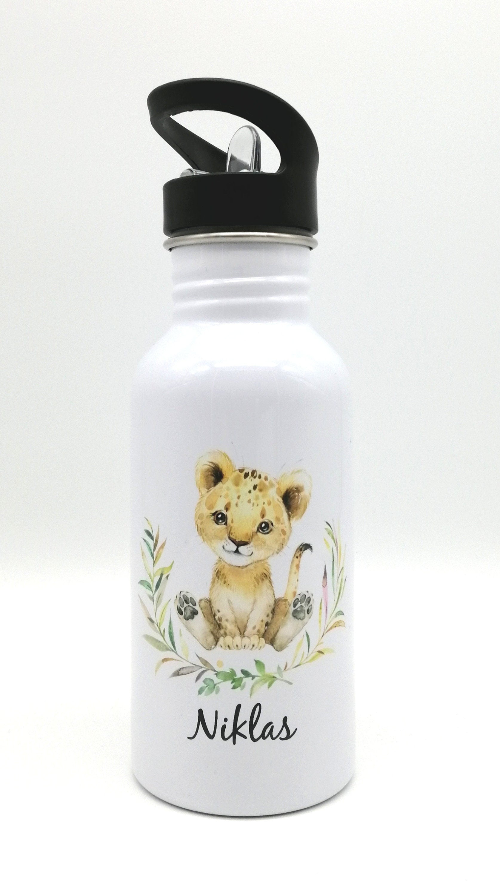 Trinkflasche mit Namen "Löwe"/ Kindergarten/ Schule/ Sport/ 500ml mit Strohhalm