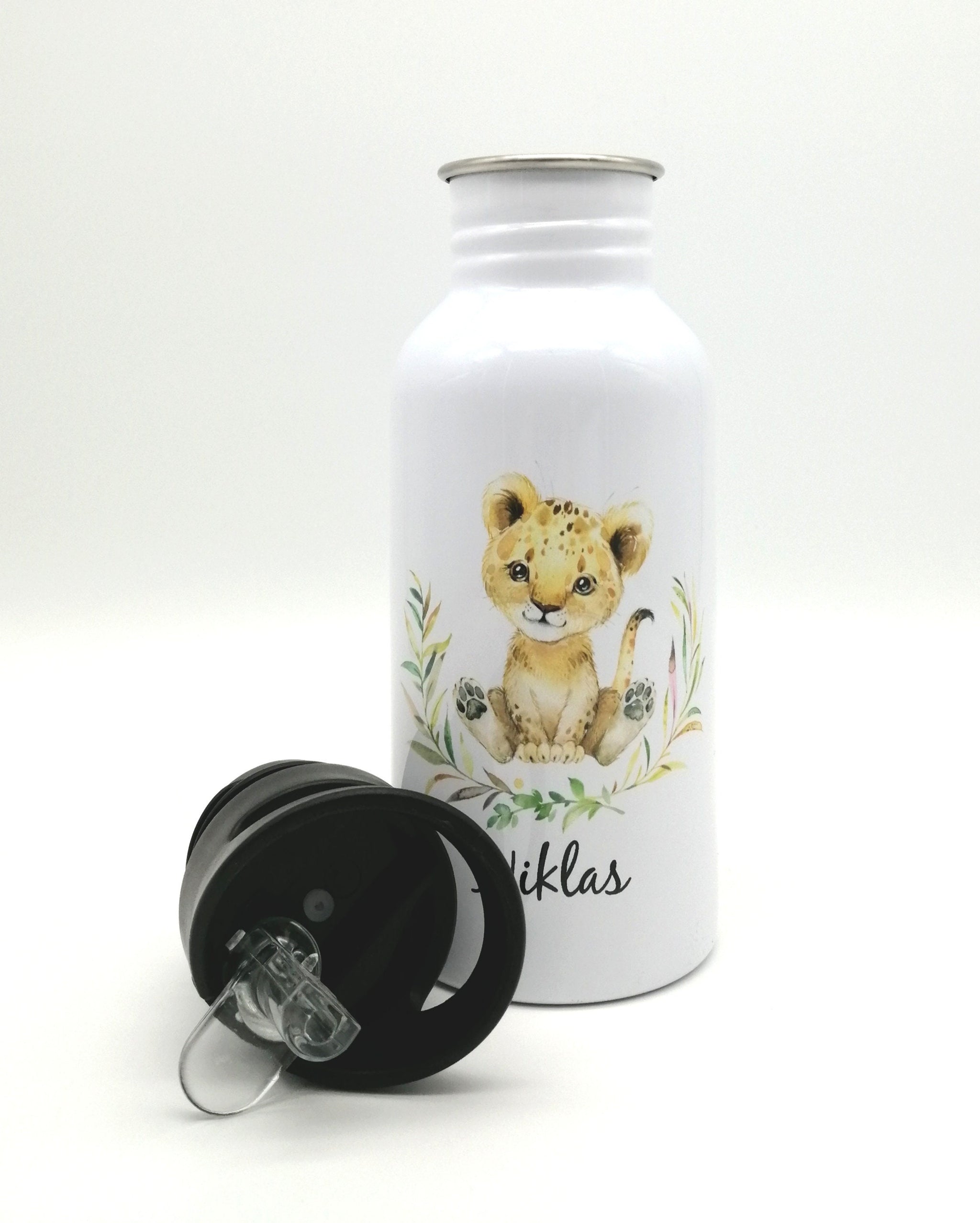 Trinkflasche mit Namen "Löwe"/ Kindergarten/ Schule/ Sport/ 500ml mit Strohhalm