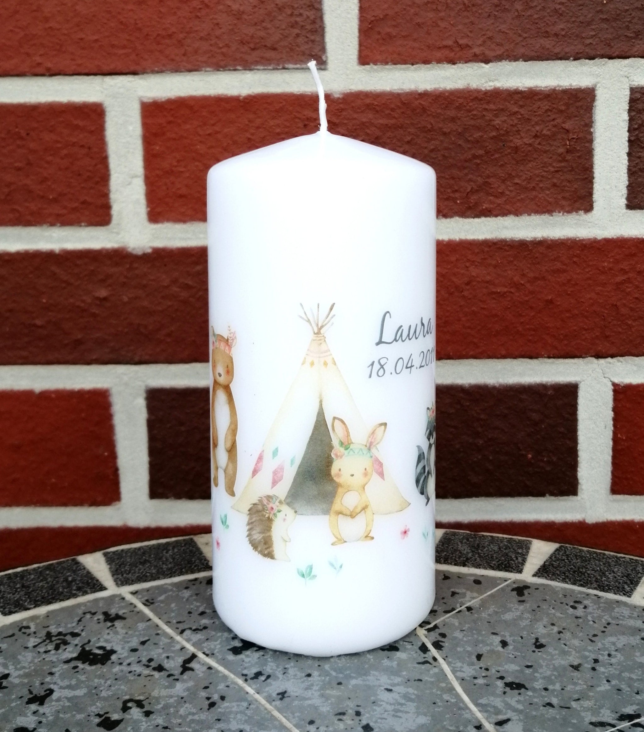 Geburtstagskerze/ Geburtskerze personalisiert mit Namen und Geburtsdatum "Boho Waldtiere" / Geburt/ Taufe/ Geburtstag