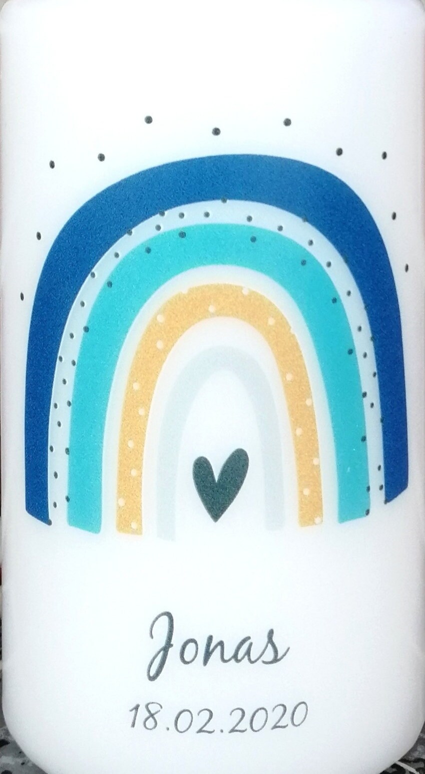 Geburtstagskerze/ Geburtskerze personalisiert mit Namen und Geburtsdatum " Regenbogen blau/mint" / Geburt/ Taufe/ Geburtstag