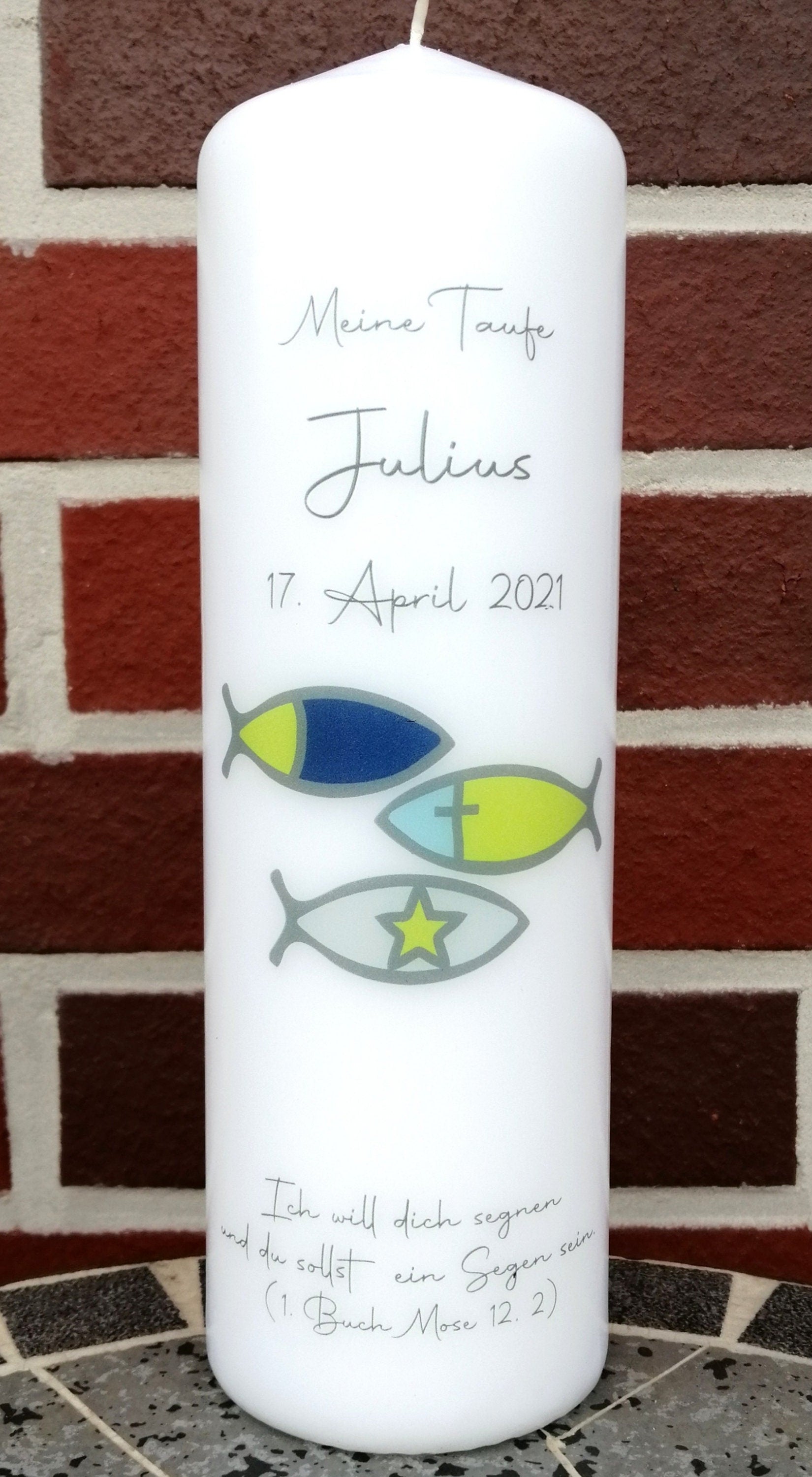 Taufkerze personalisiert mit Namen Datum und Taufspruch "Fische blau", Junge/ Mädchen