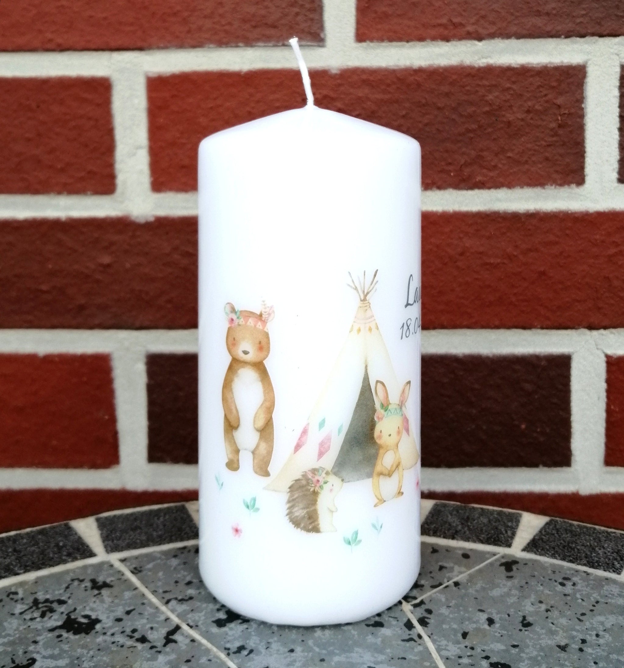 Geburtstagskerze/ Geburtskerze personalisiert mit Namen und Geburtsdatum "Boho Waldtiere" / Geburt/ Taufe/ Geburtstag
