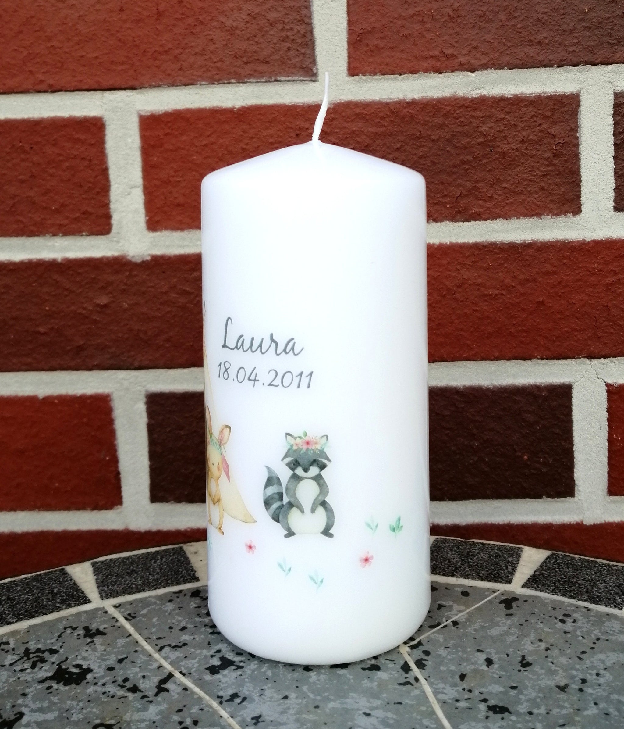 Geburtstagskerze/ Geburtskerze personalisiert mit Namen und Geburtsdatum "Boho Waldtiere" / Geburt/ Taufe/ Geburtstag