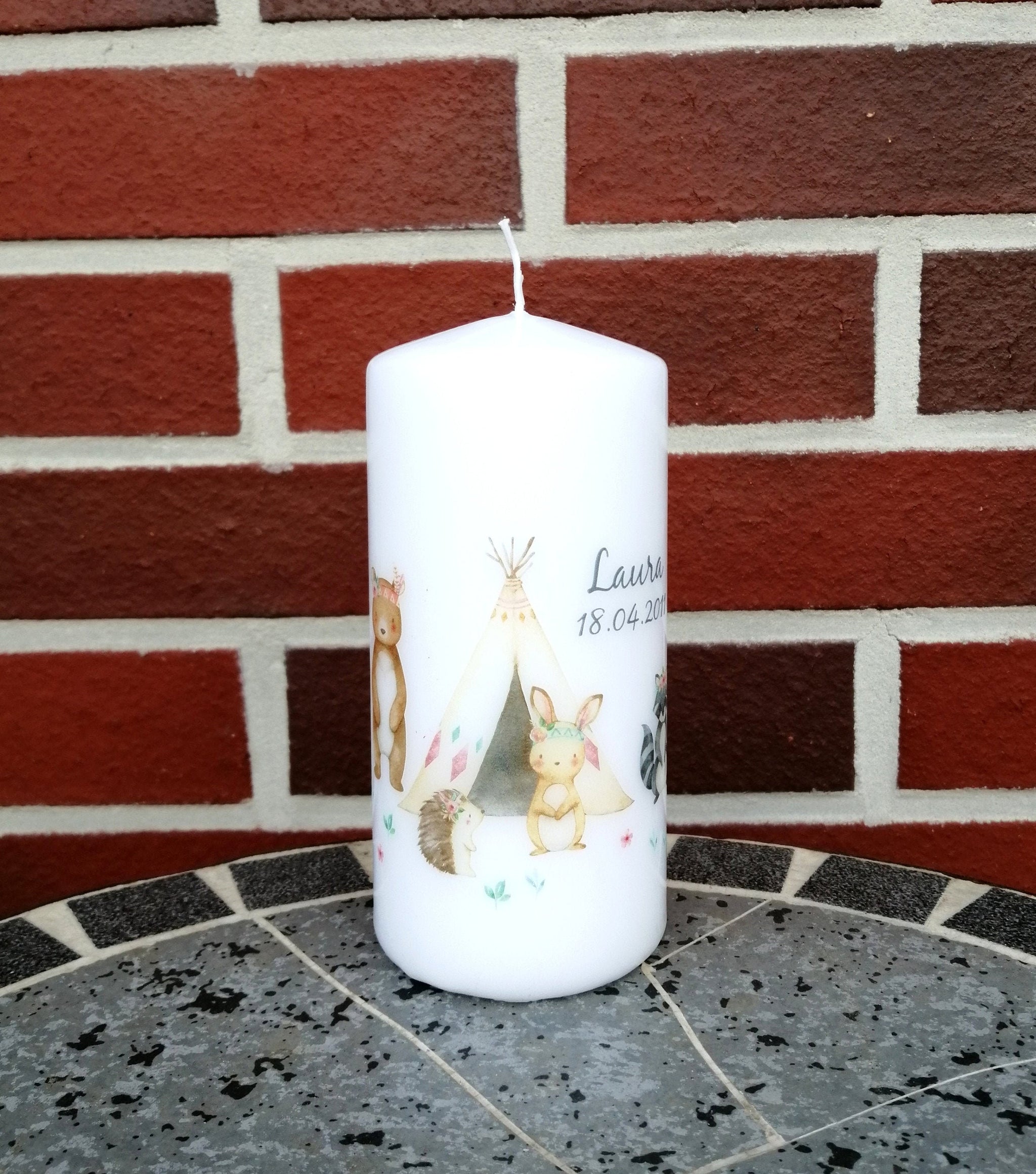 Geburtstagskerze/ Geburtskerze personalisiert mit Namen und Geburtsdatum "Boho Waldtiere" / Geburt/ Taufe/ Geburtstag