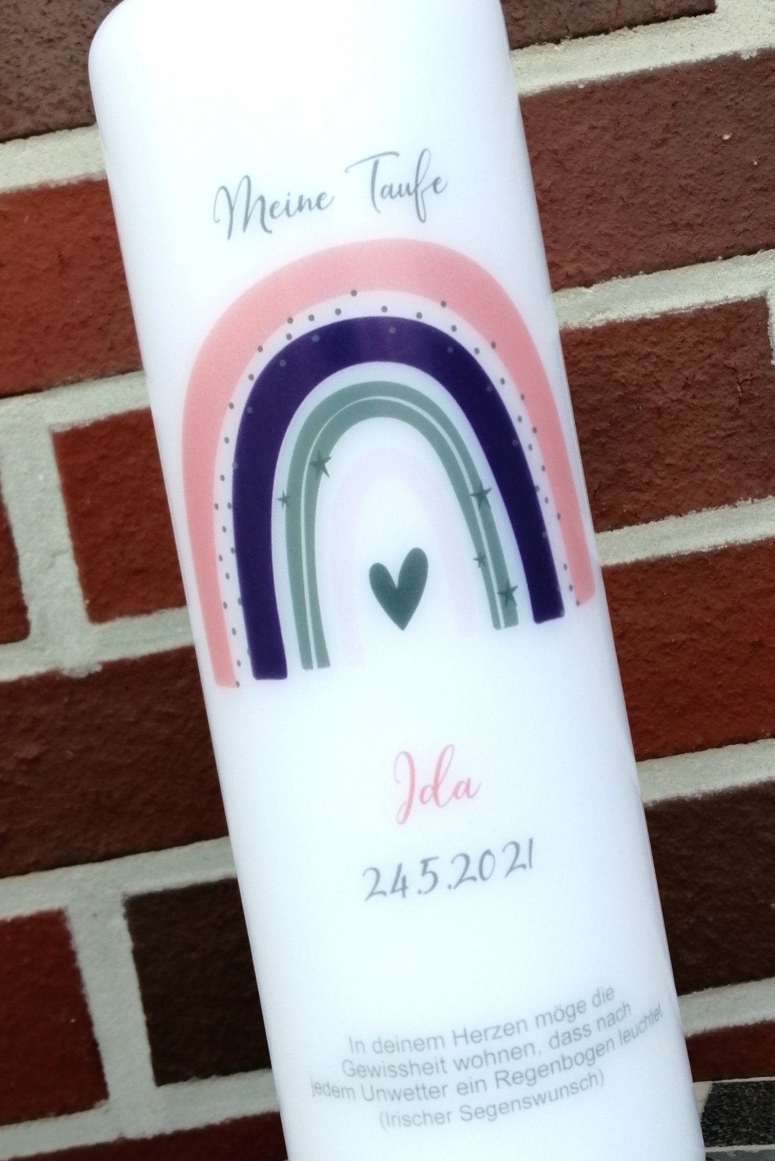 Taufkerze personalisiert mit Namen Datum und Taufspruch "Regenbogen rosa/lila", Junge/ Mädchen