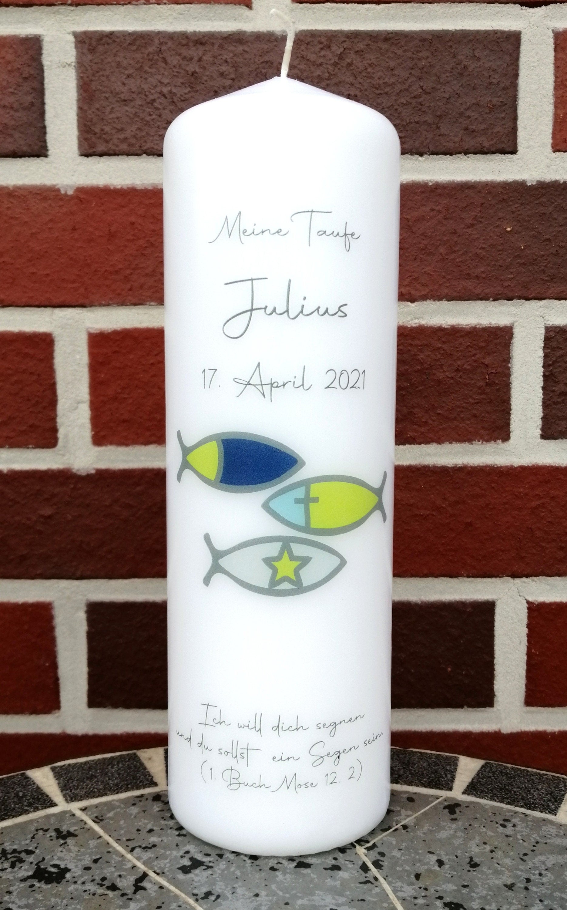Taufkerze personalisiert mit Namen Datum und Taufspruch "Fische blau", Junge/ Mädchen