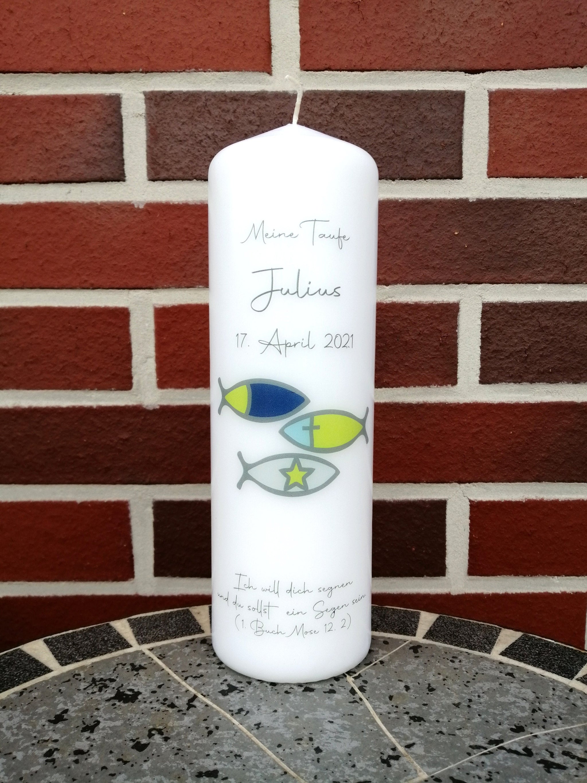 Taufkerze personalisiert mit Namen Datum und Taufspruch "Fische blau", Junge/ Mädchen