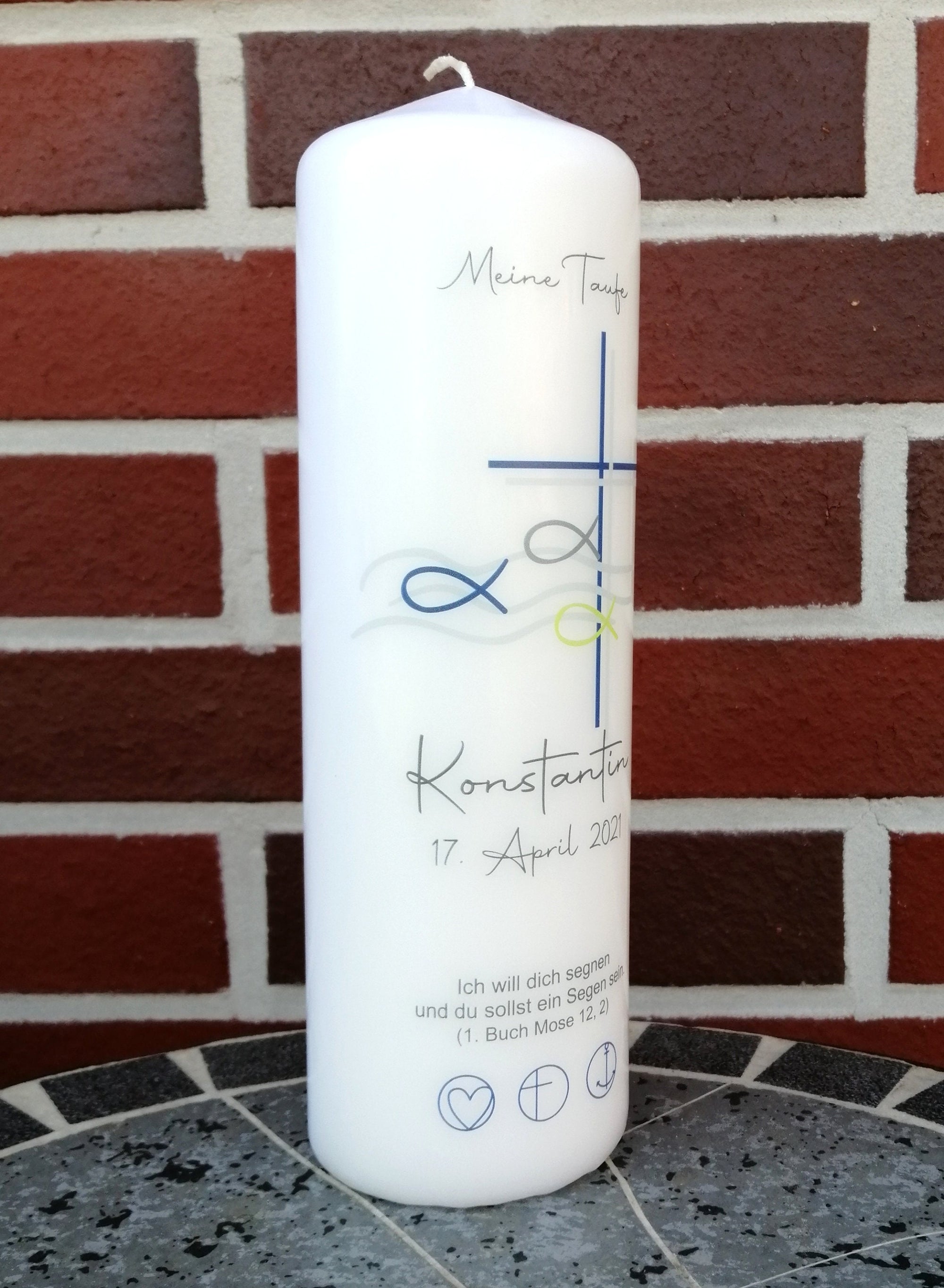 Taufkerze personalisiert mit Namen Datum und Taufspruch "Kreuz Fische blau", Junge/ Mädchen