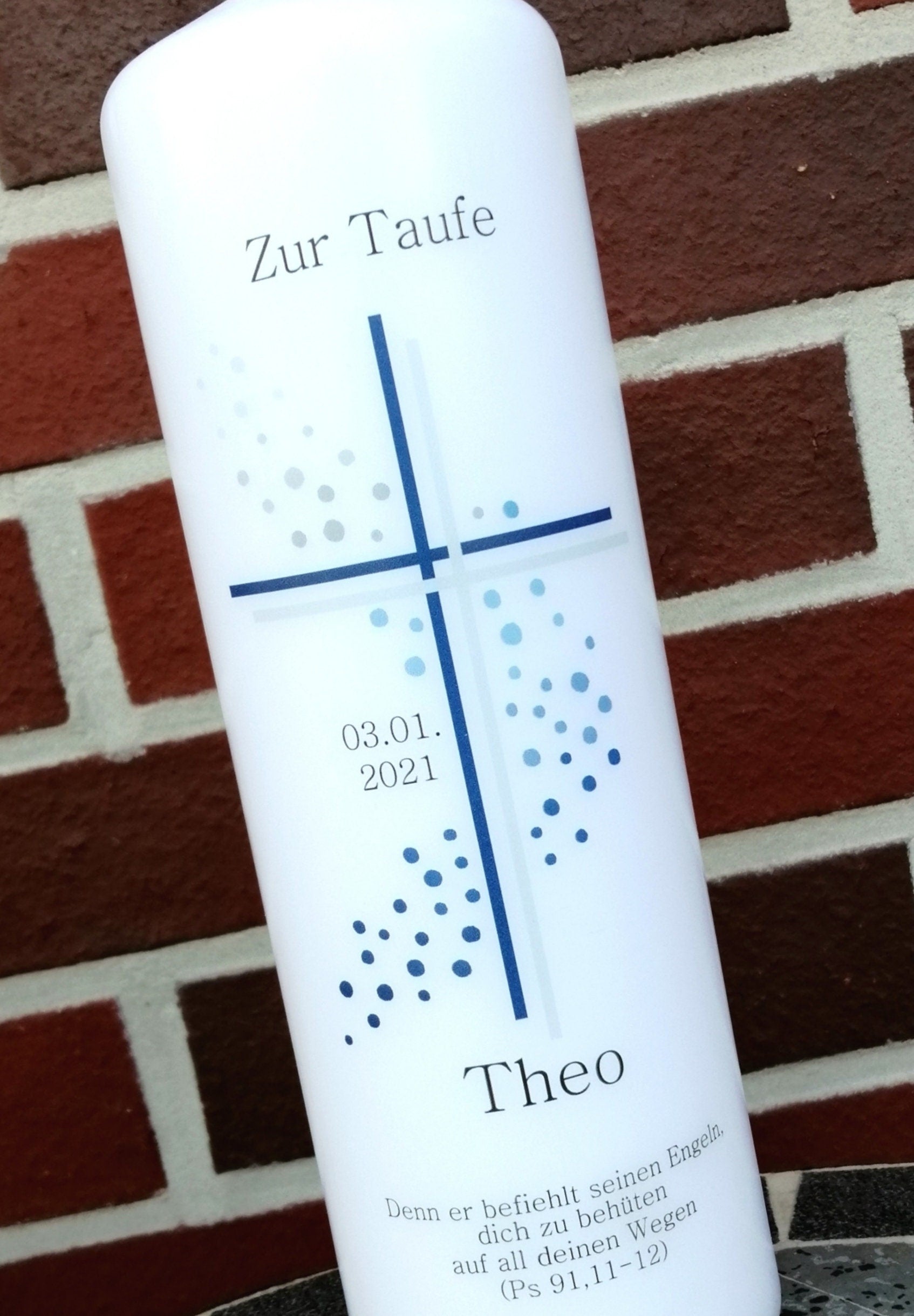 Taufkerze personalisiert mit Namen Datum und Taufspruch "Kreuz/ Punkte blau grau", Junge/ Mädchen, Taufkerze mit Namen und Datum,