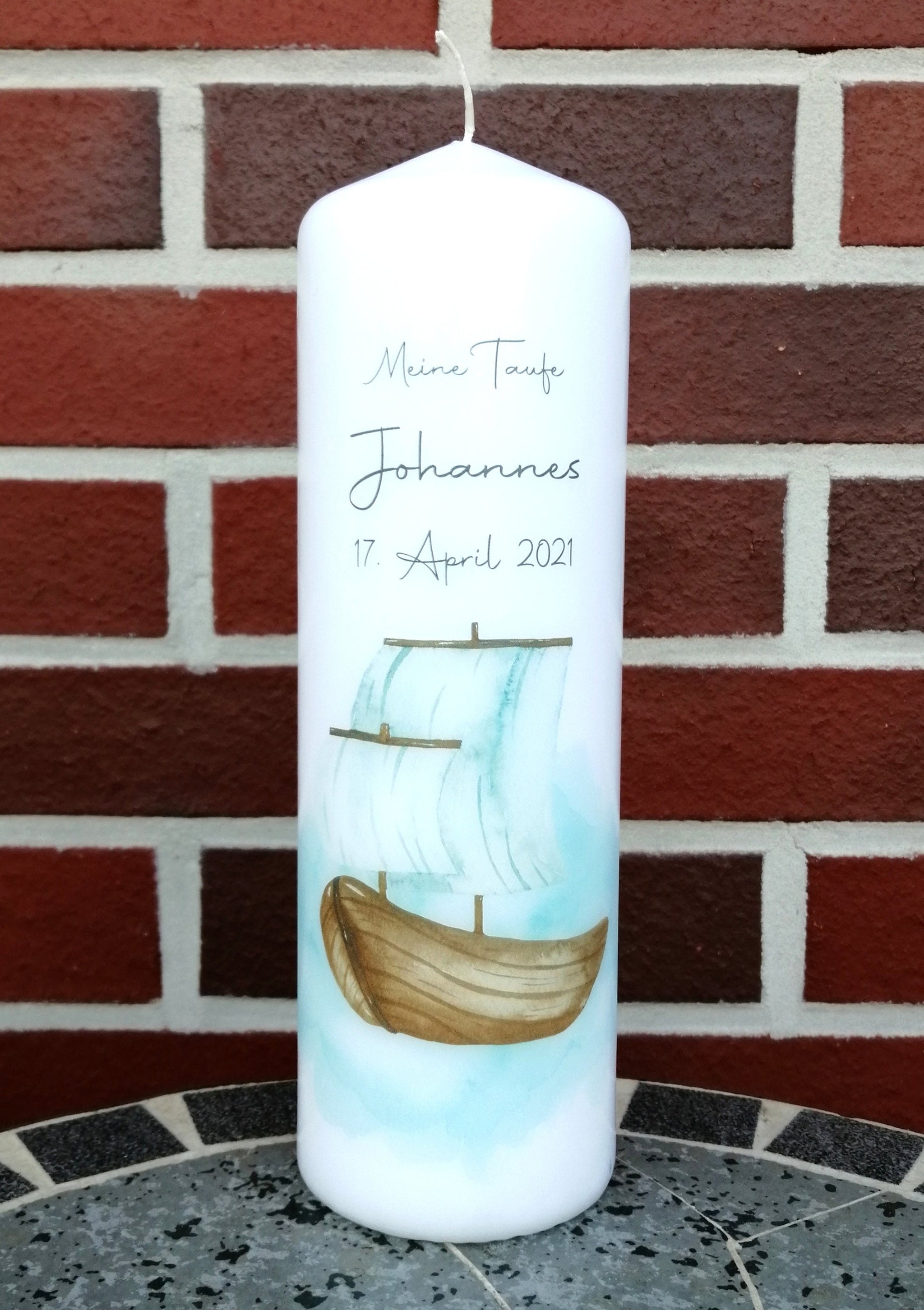Taufkerze personalisiert mit Namen und Datum "Boot", Junge/ Mädchen