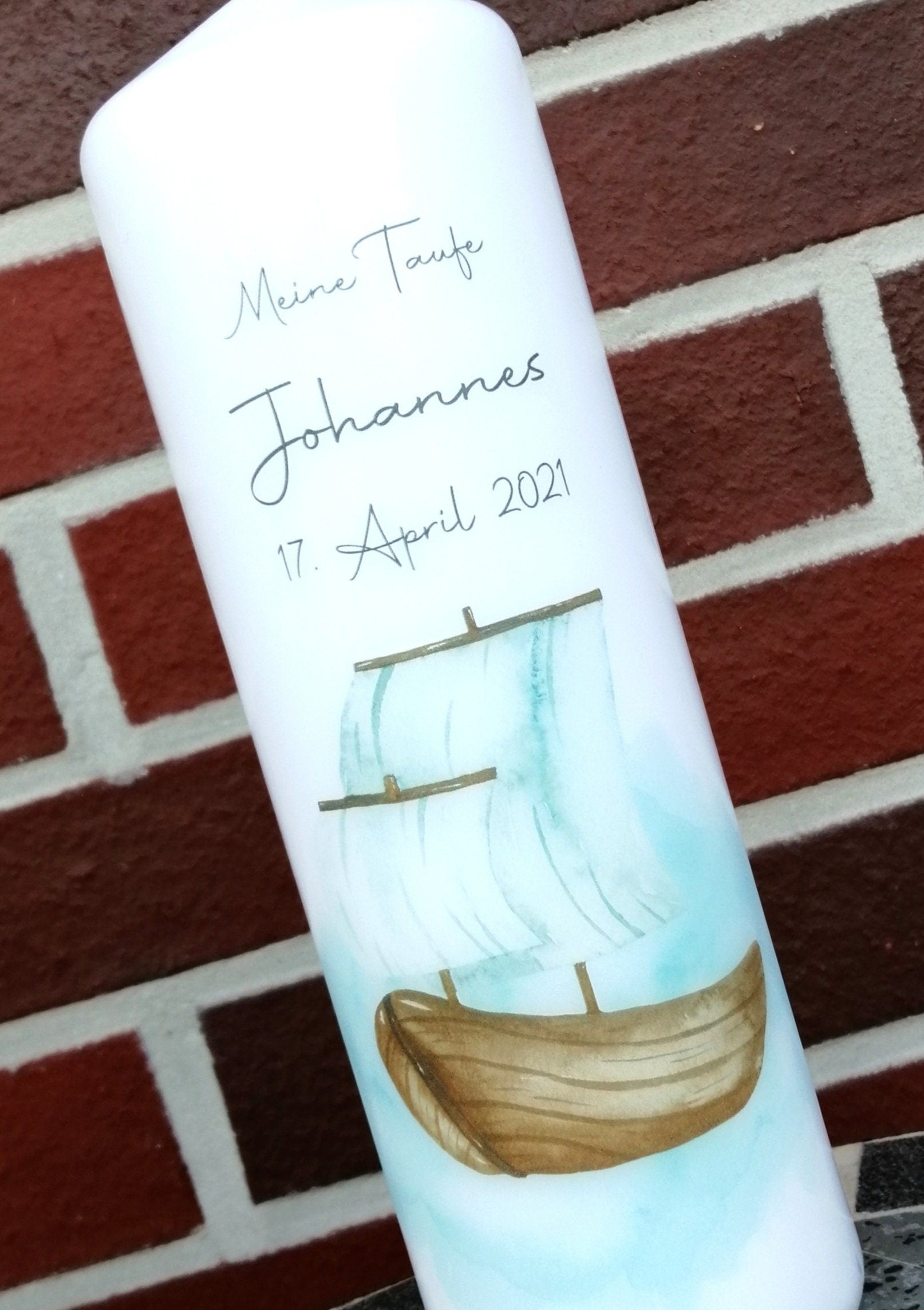 Taufkerze personalisiert mit Namen und Datum "Boot", Junge/ Mädchen