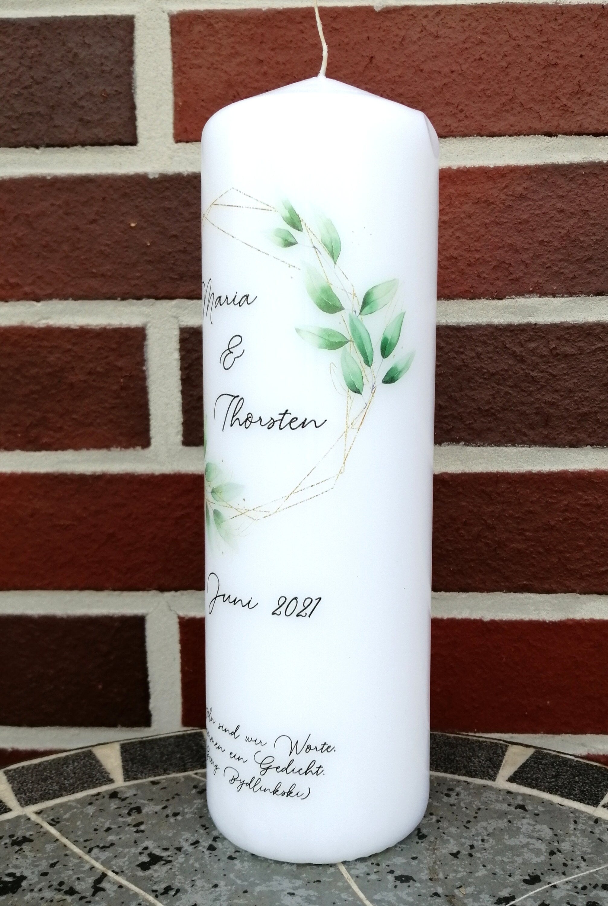 Hochzeitskerze personalisiert mit Namen und Trauspruch "Rahmen gold Blätter" / Hochzeit/ Familie/ Trauung/ Hochzeitsgeschenk