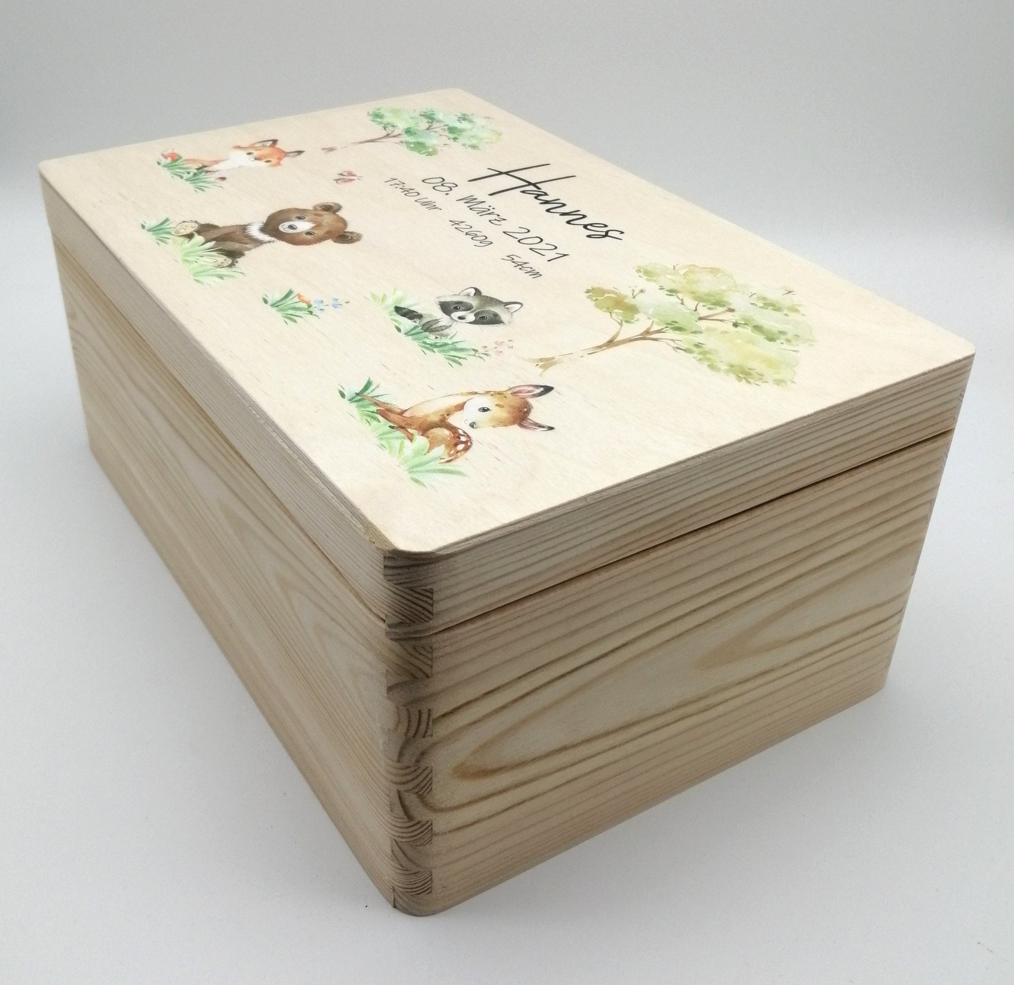 Erinnerungskiste Baby mit Namen "Waldtiere 2" Geburtsdatum Erinnerungsbox für Kinder