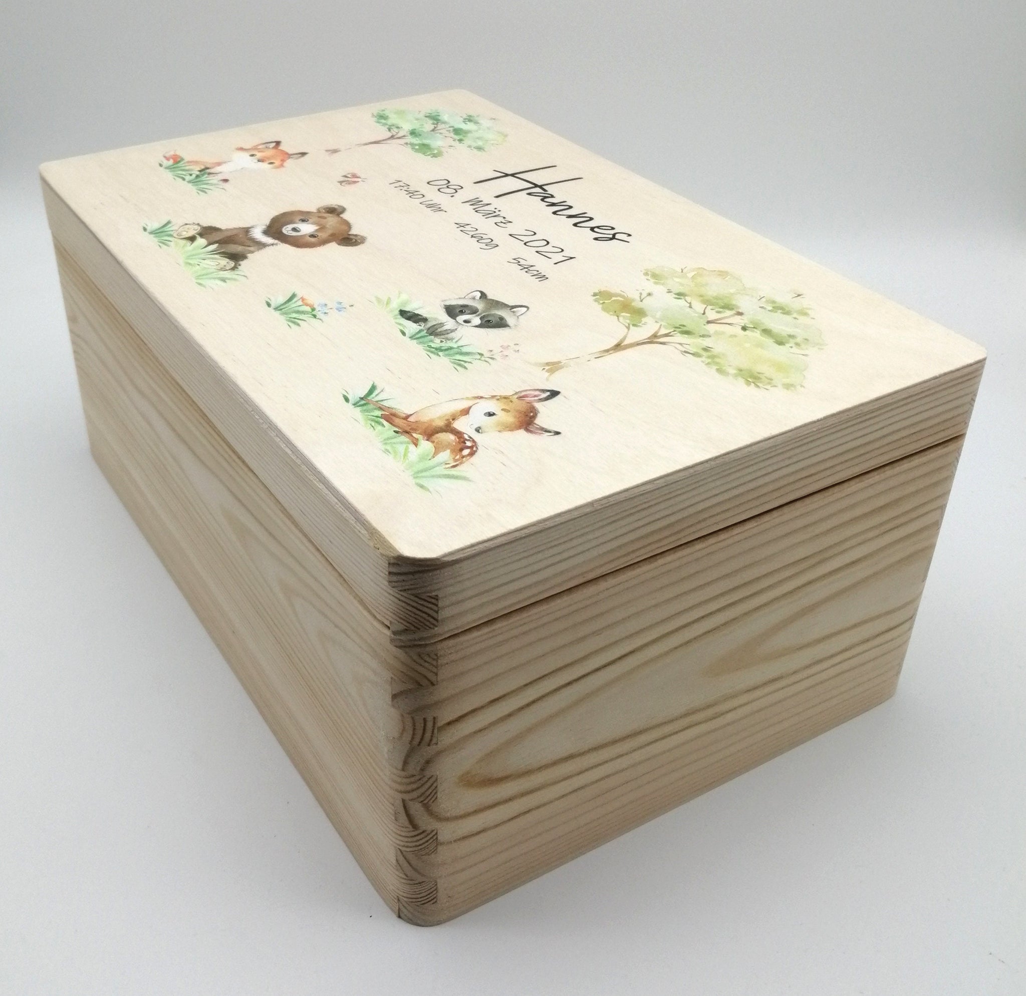 Erinnerungskiste Baby mit Namen "Waldtiere 2" Geburtsdatum Erinnerungsbox für Kinder