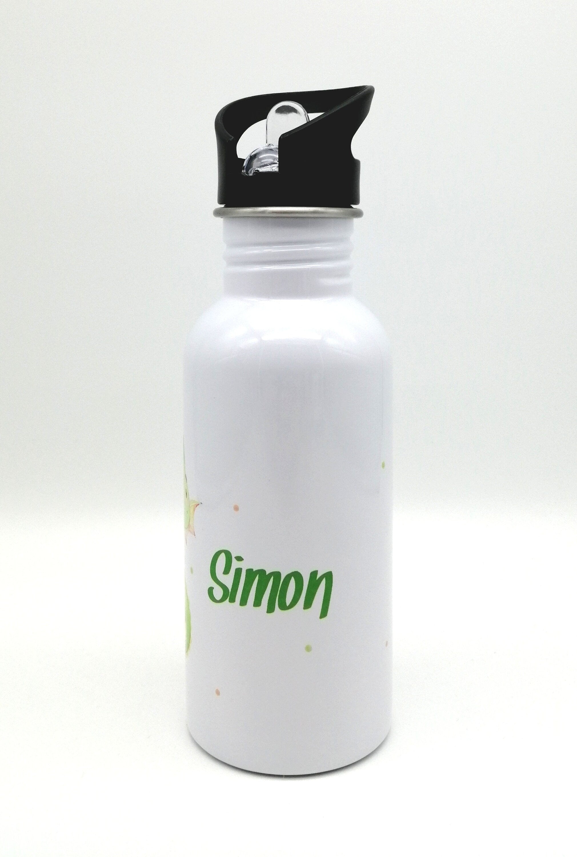 Trinkflasche mit Namen "Drache grün"/ Kindergarten/ Schule/ Sport/ 500ml mit Strohhalm