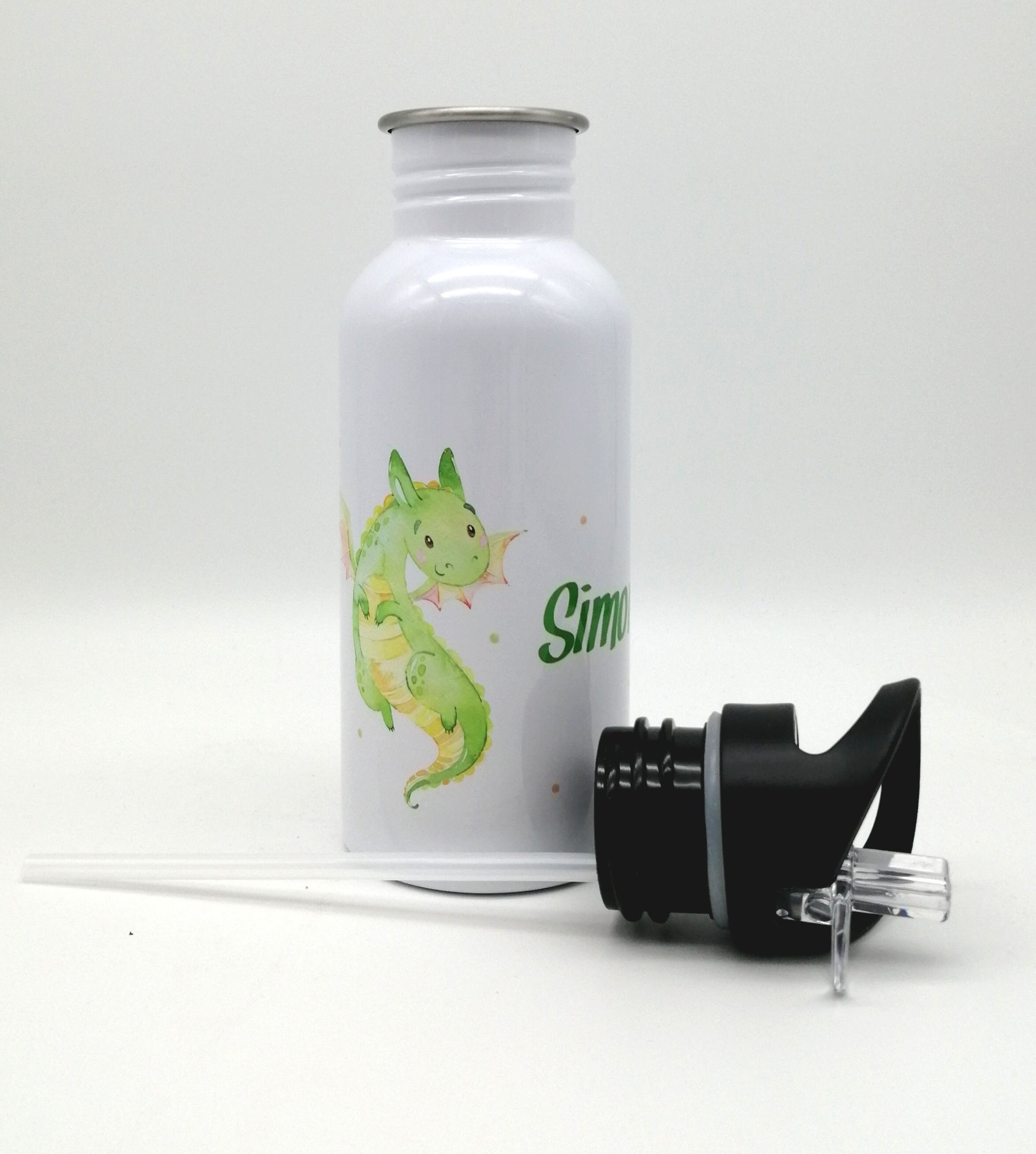 Trinkflasche mit Namen "Drache grün"/ Kindergarten/ Schule/ Sport/ 500ml mit Strohhalm