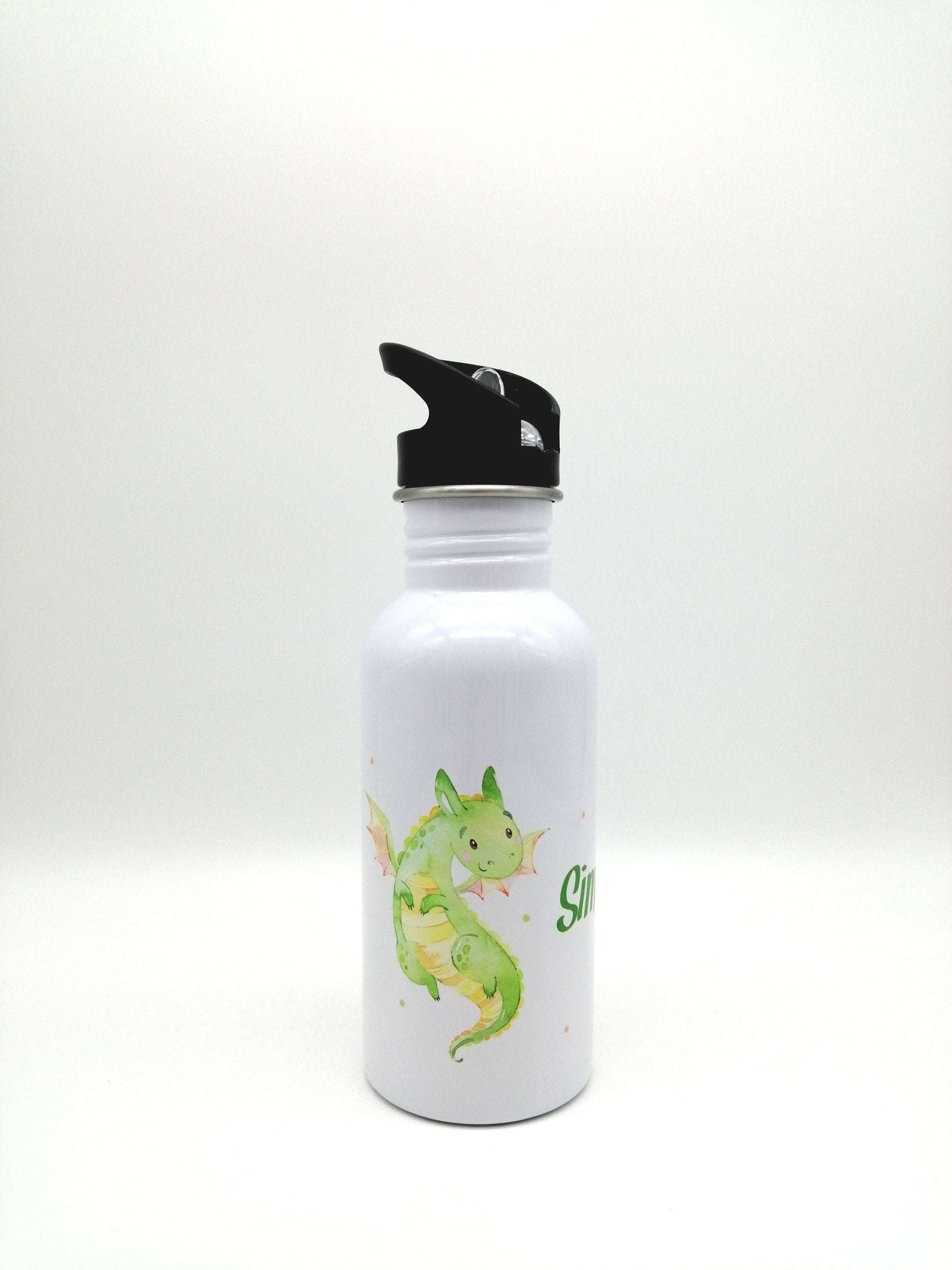 Trinkflasche mit Namen "Drache grün"/ Kindergarten/ Schule/ Sport/ 500ml mit Strohhalm