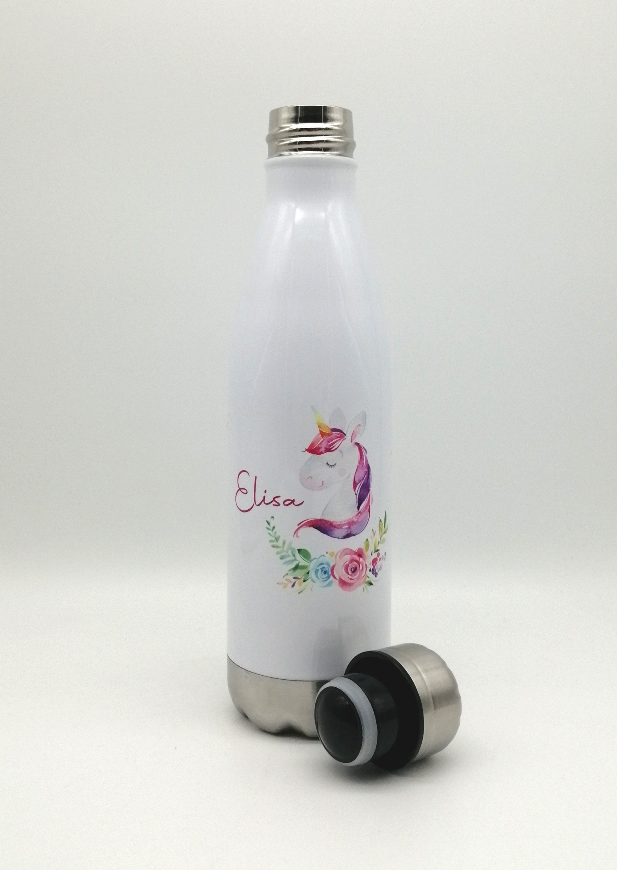 Thermosflasche mit Namen "Einhorn Blumen" / Edelstahl Trinkflasche für Kinder und Erwachsene/ Wasserflasche/ 500ml/350ml