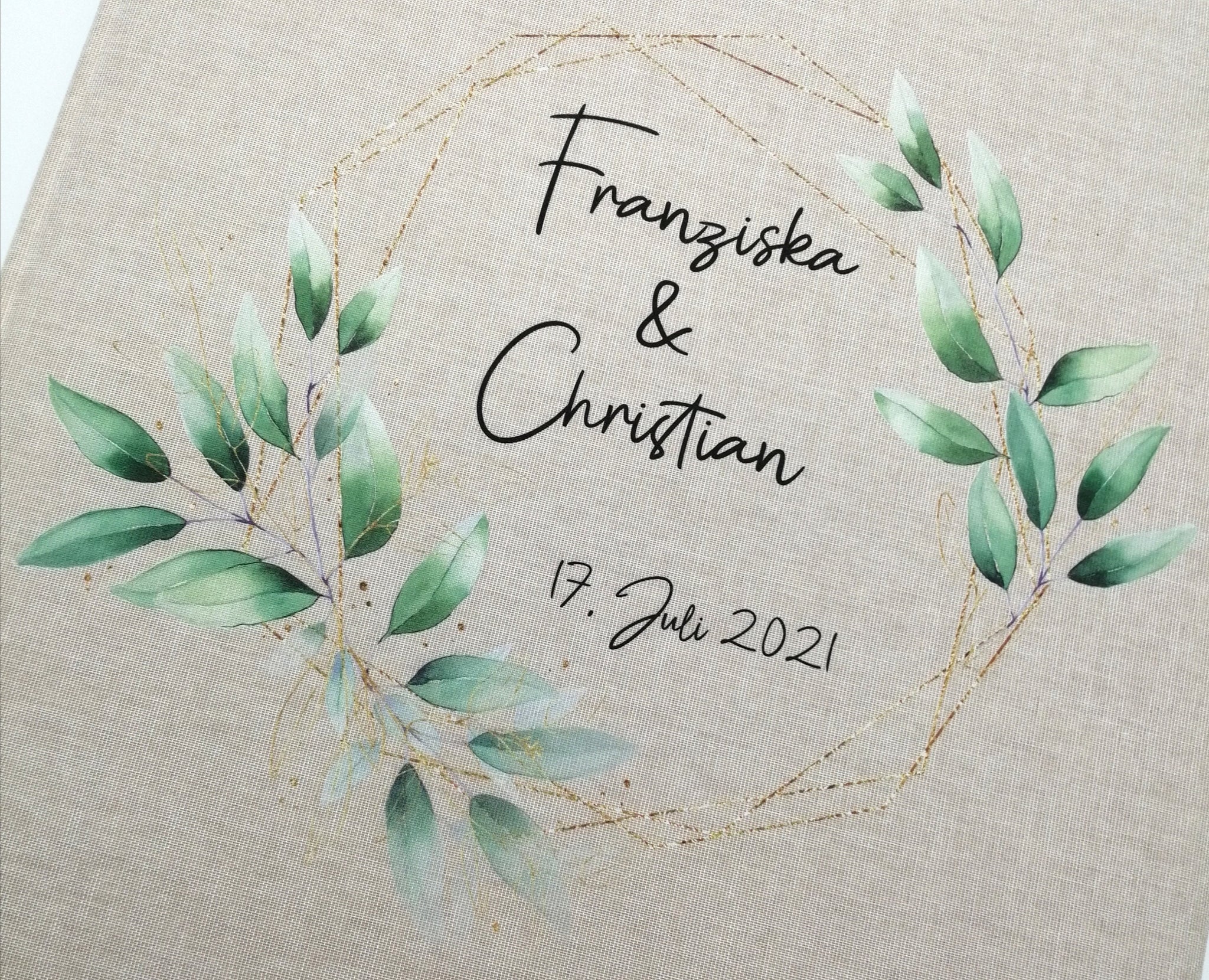 Fotoalbum personalisiert Hochzeit "Rahmen Blätter" Leinen, Erinnerungsalbum