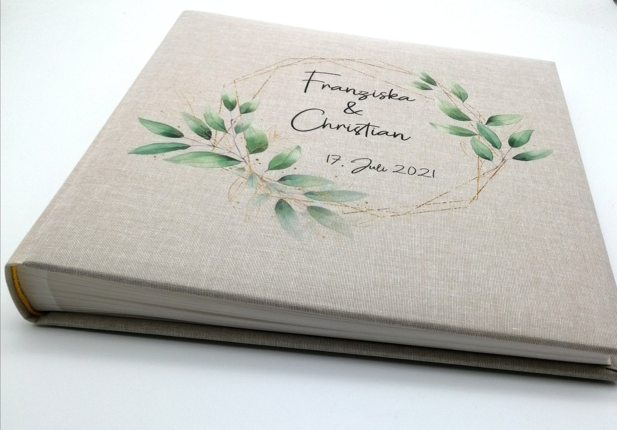 Fotoalbum personalisiert Hochzeit "Rahmen Blätter" Leinen, Erinnerungsalbum