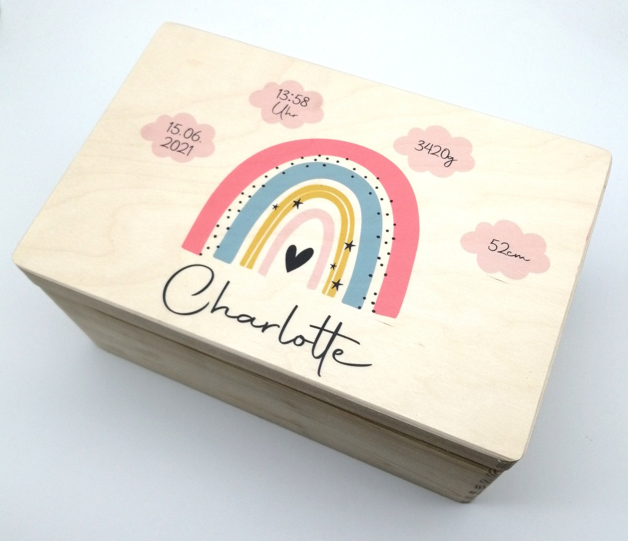Erinnerungskiste Baby mit Namen "Regenbogen rosa Wolken" Geburtsdatum Erinnerungsbox für Kinder