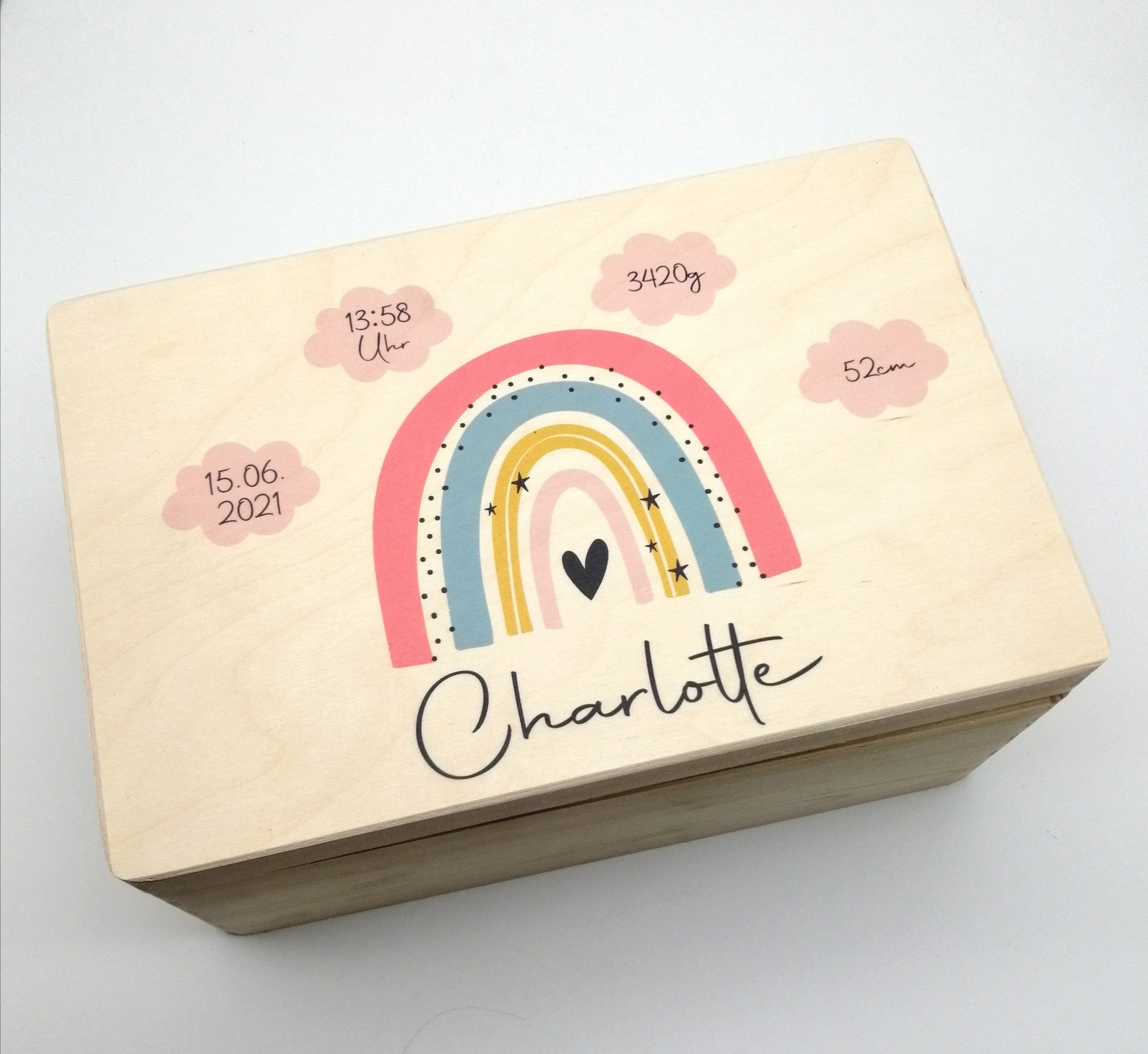 Erinnerungskiste Baby mit Namen "Regenbogen rosa Wolken" Geburtsdatum Erinnerungsbox für Kinder