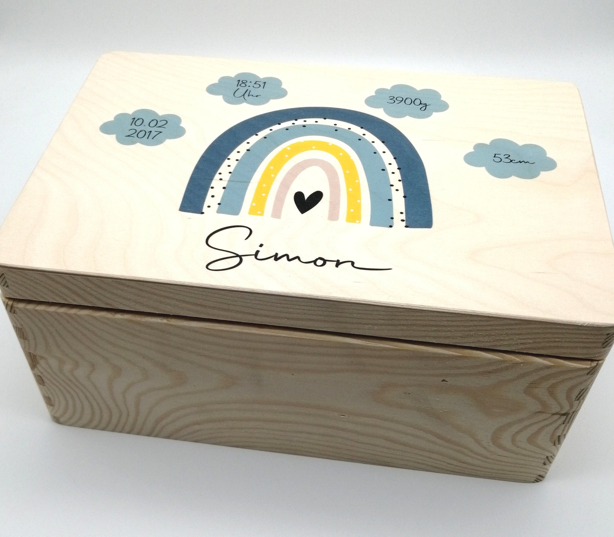 Erinnerungskiste Baby mit Namen "Regenbogen blau Wolken" Geburtsdatum Erinnerungsbox für Kinder