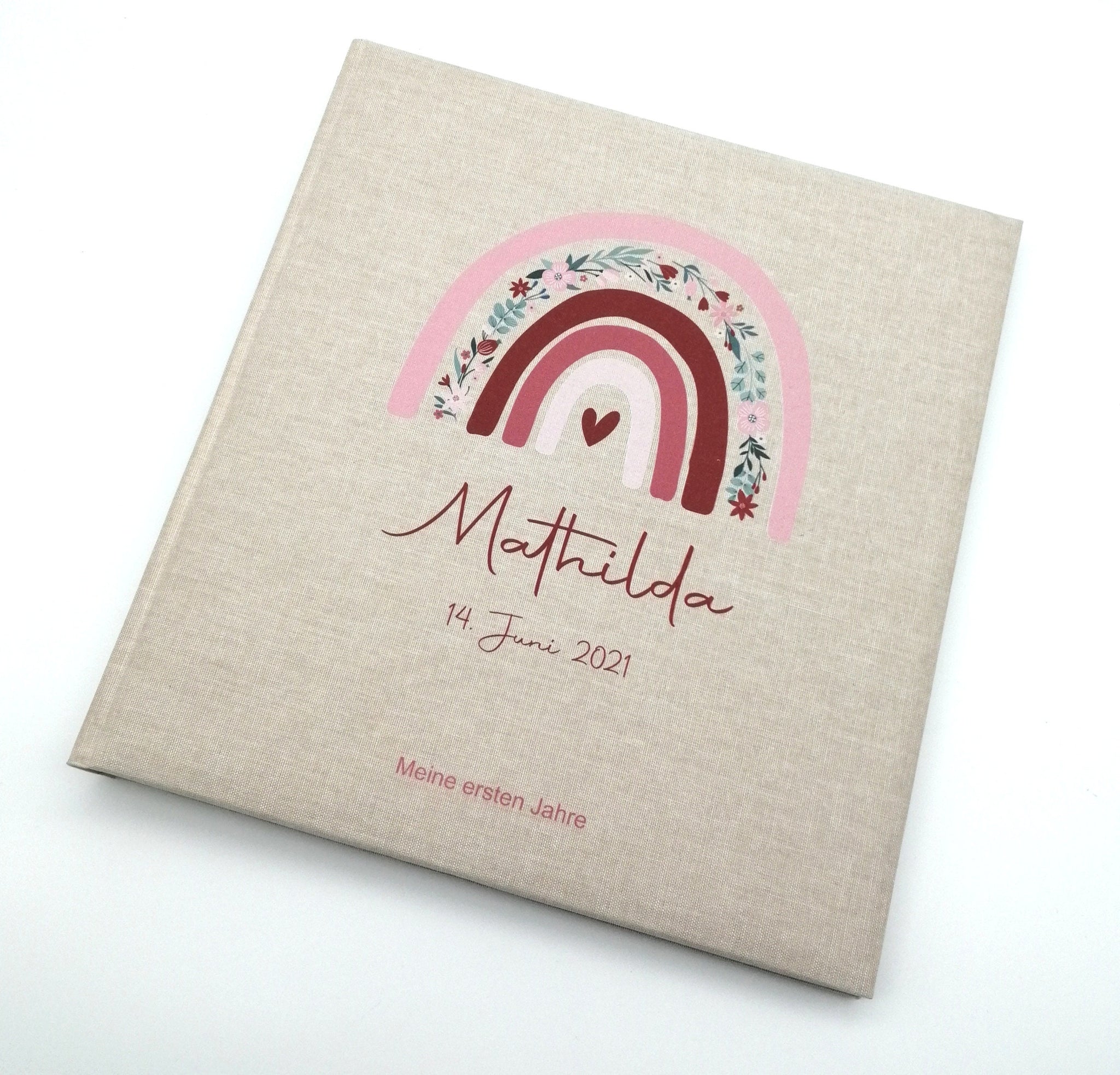 Fotoalbum personalisiert Baby, Kind "Regenbogen Blumen" Leinen, Erinnerungsalbum