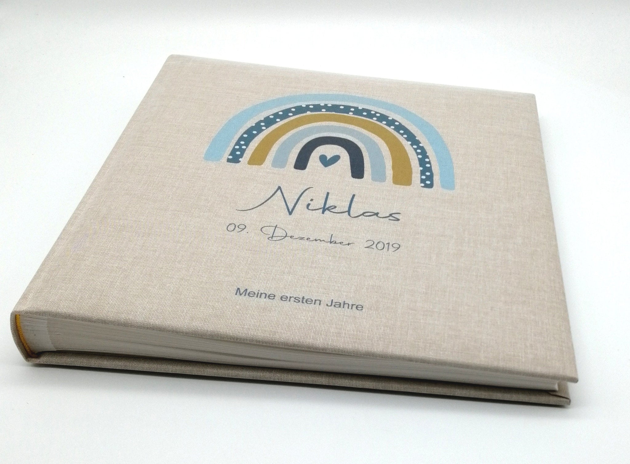 Fotoalbum personalisiert Baby, Kind "Regenbogen Punkte" Leinen, Erinnerungsalbum